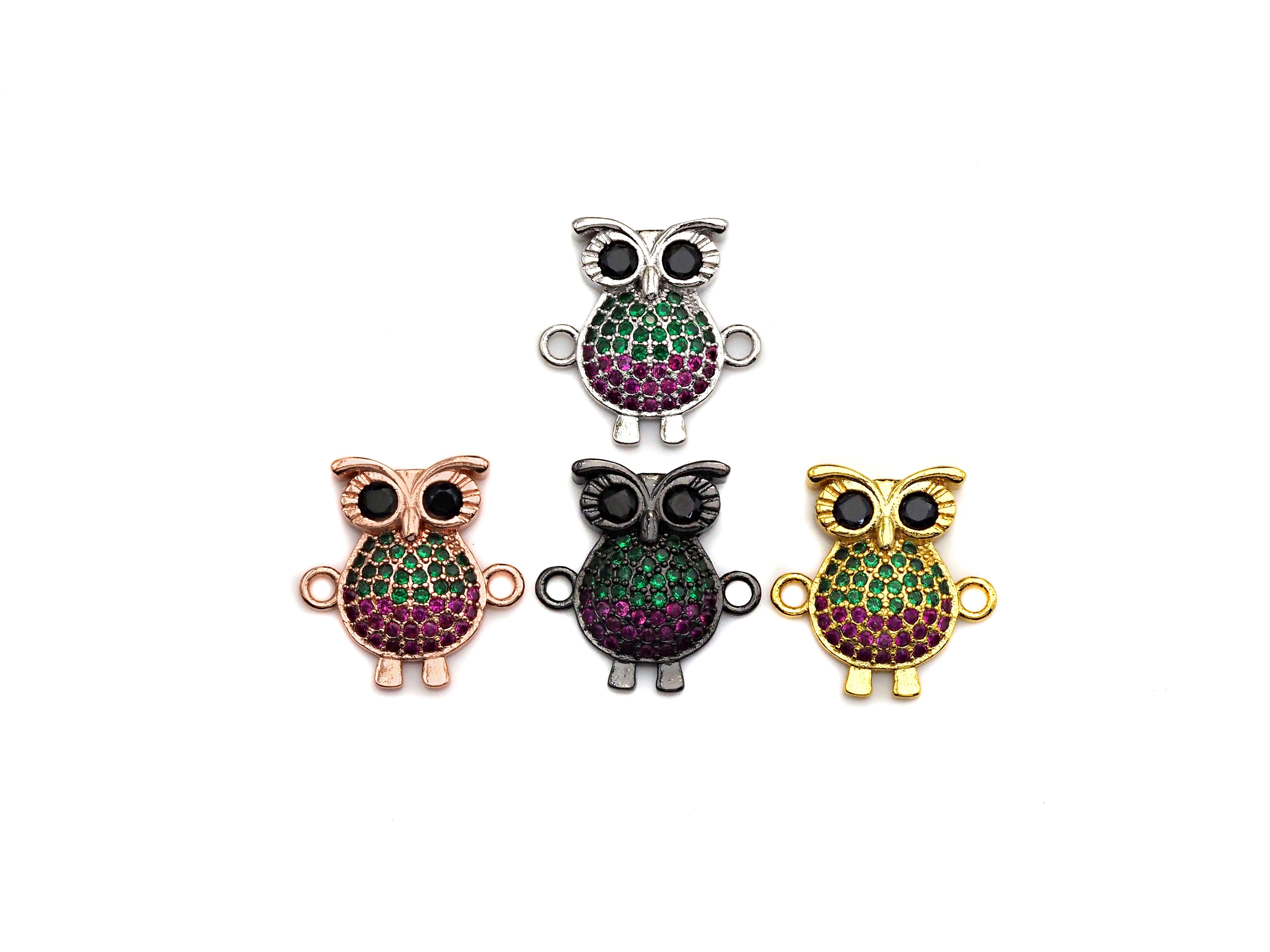 Colorful CZ micro pave Owe connector charm in gold, rose gold, silver, or gunmetal plating, ideal for jewelry making.