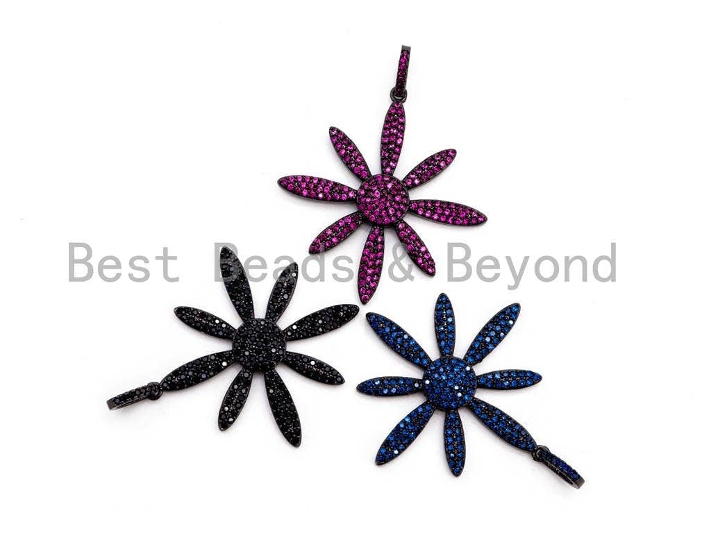 CZ Micro Pave flower pendant in cobalt, fuchsia, green, and black with Gumental plating, 35x37mm, SKU F408.
