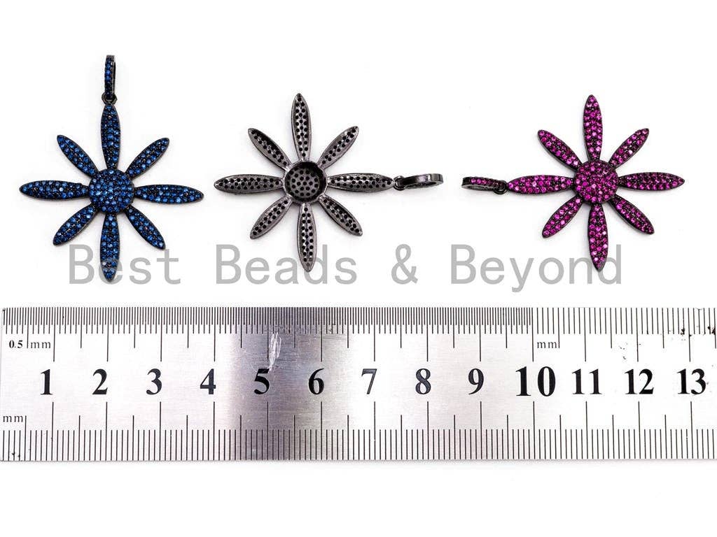 CZ Micro Pave flower pendant in cobalt, fuchsia, green, and black with Gumental plating, 35x37mm, from Bestbeads&Beyond.