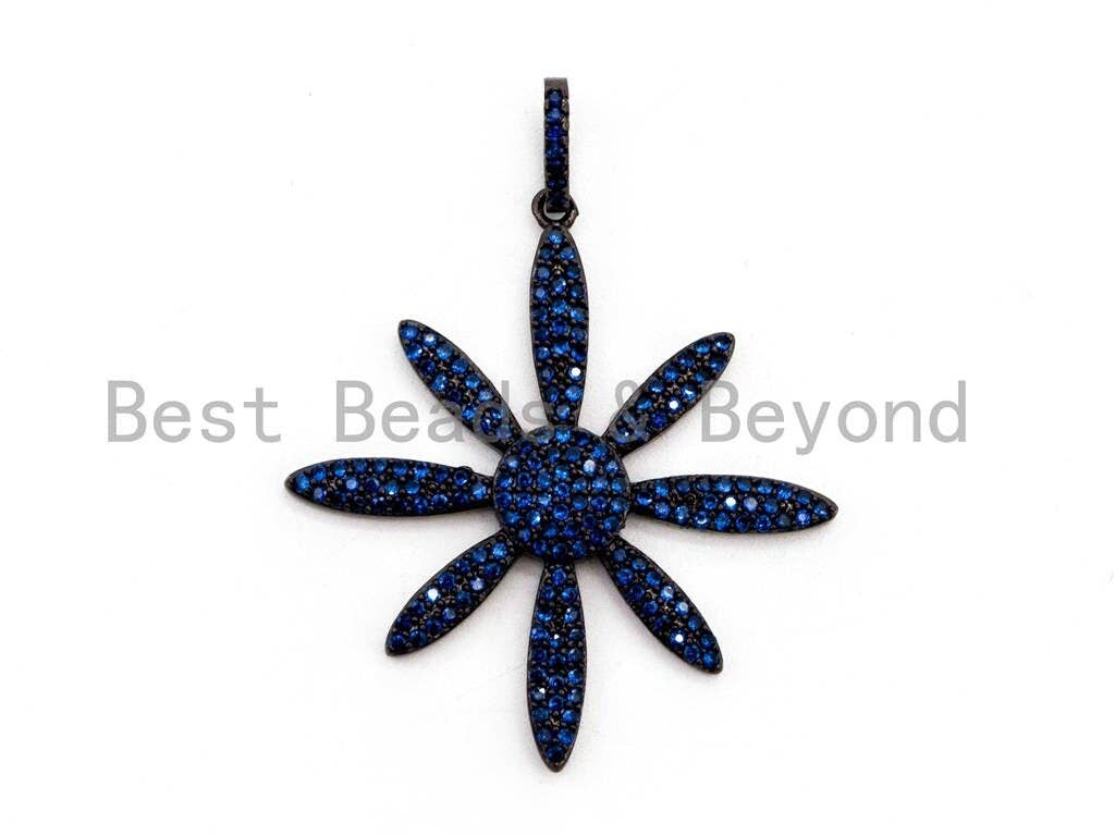 CZ Micro Pave Cobalt, Fuchsia, Green, Black Flower Pendant, Gumental plated, 35x37mm, Bestbeads&Beyond charm focal pendant.