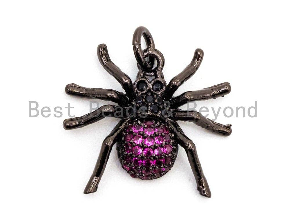 Fuchsia CZ Micro Pave Spider Charm Pendant in gold, rose gold, silver, or black, featuring cubic zirconia and insect design.
