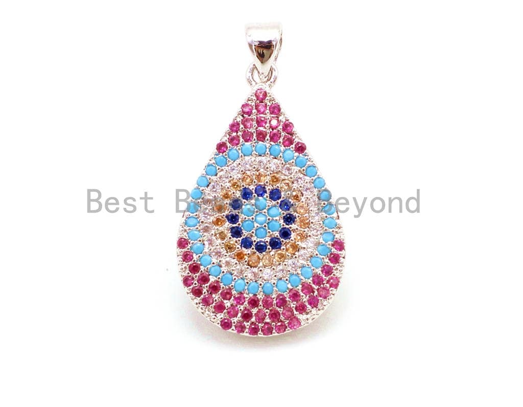 Fuchsia teardrop evil eye pendant by Bestbeads&Beyond with black CZ micro pave, 16x30mm, individual charm for jewelry making.