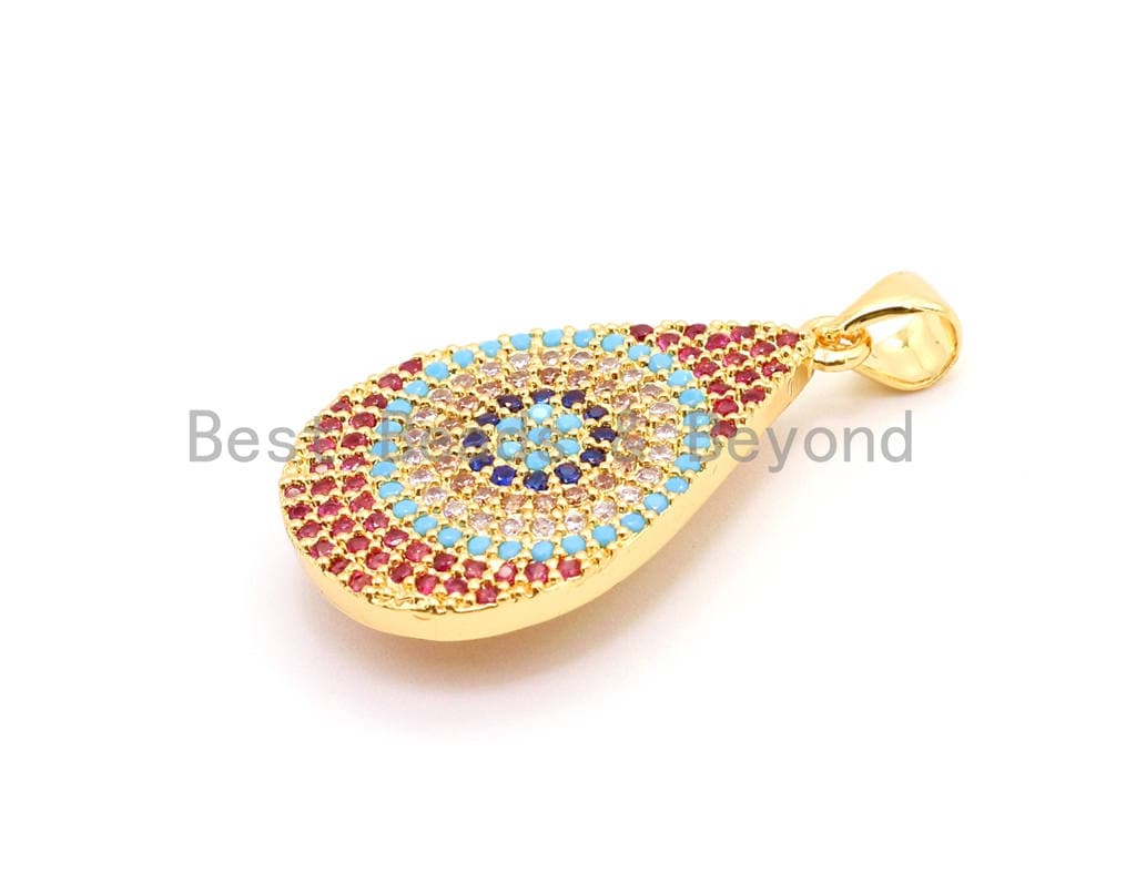 Fuchsia teardrop evil eye pendant with micro pave CZ stones, 16x30mm, individual charm from Bestbeads&Beyond.