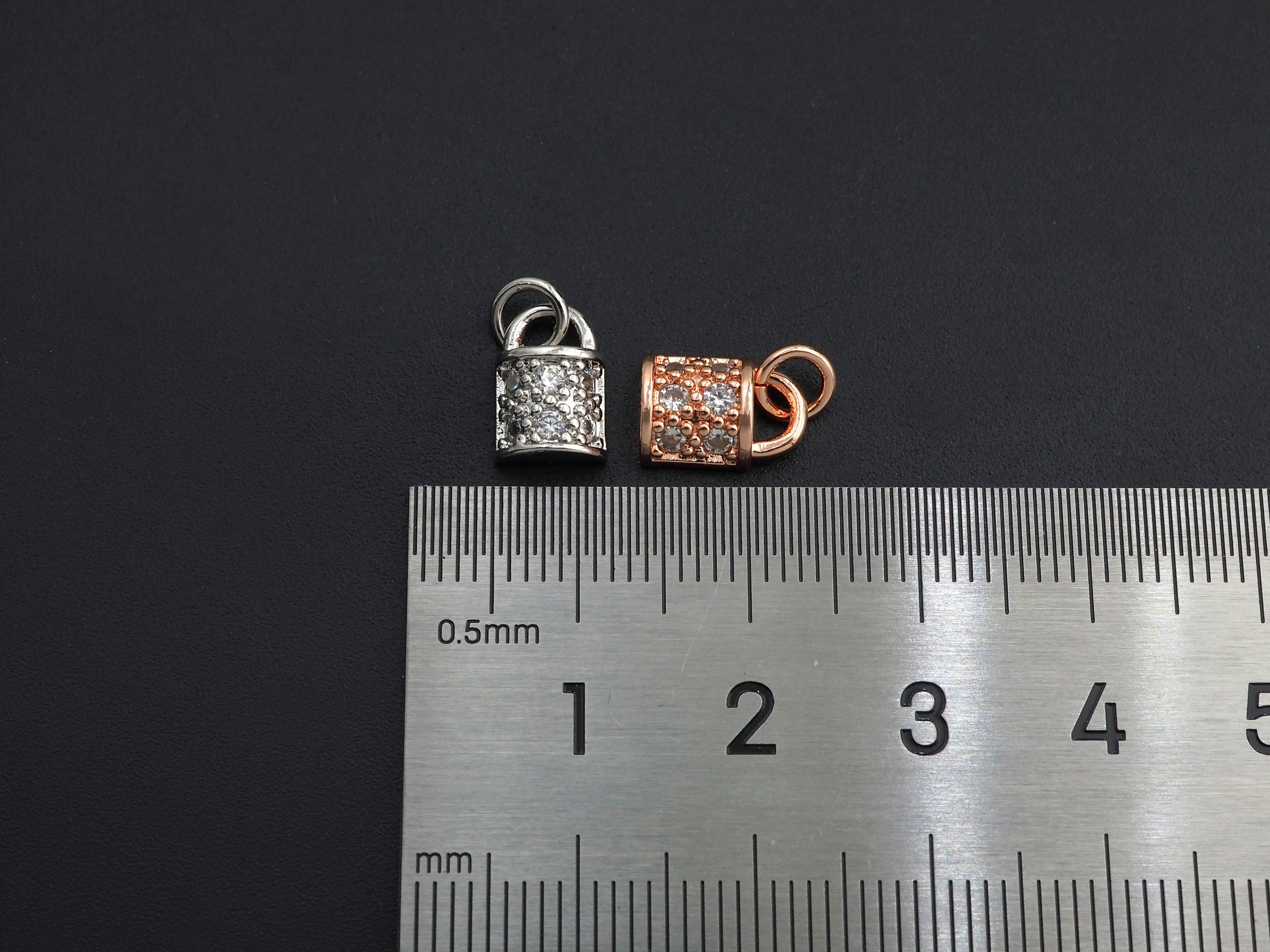 Silver, gold, rose gold, or black plated CZ Micro Pave Lock Pendant with clear cubic zirconia, 7x10mm, individual charm or pendant.
