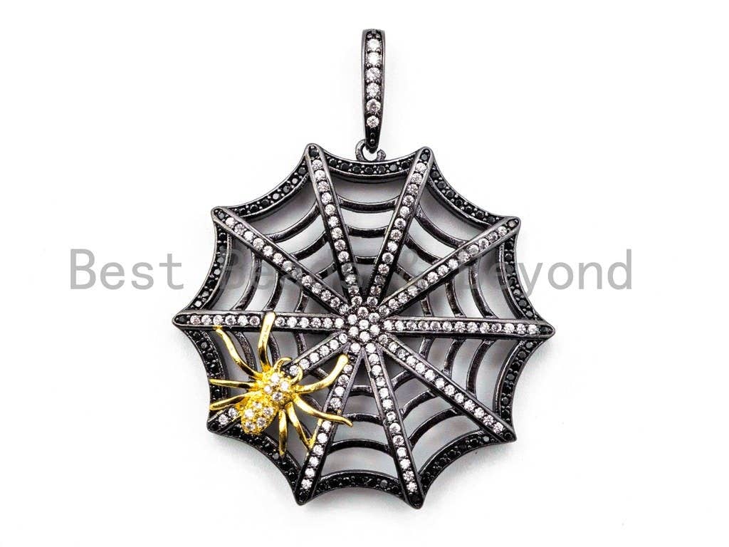 CZ Micro Pave Spider Web Pendant in silver, gold, rose gold, or gunmetal with intricate spider web design, 37x46mm.
