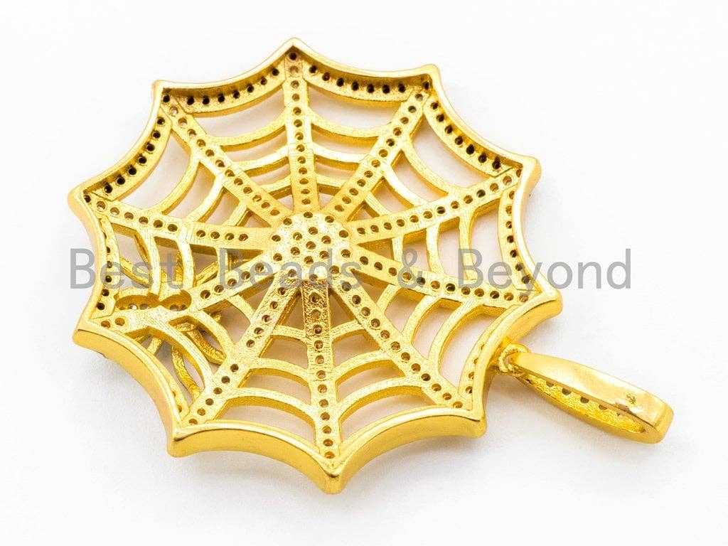 CZ Micro Pave Spider Web Pendant in silver, gold, rose gold, or gunmetal, 37x46mm, featuring a detailed Halloween spider charm.