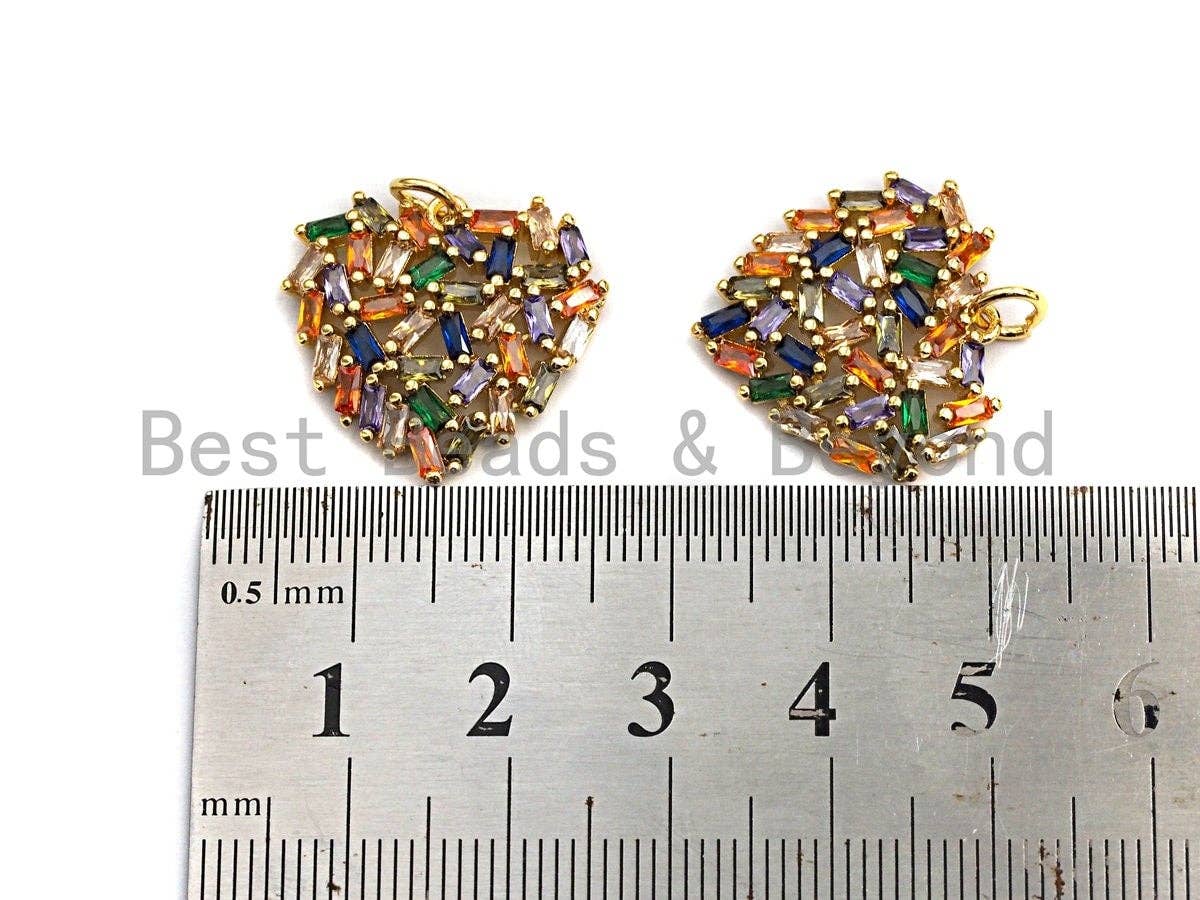 Colorful Baguette CZ micro pave heart-shaped pendant in gold finish, 21x19mm, for bracelet or necklace jewelry.