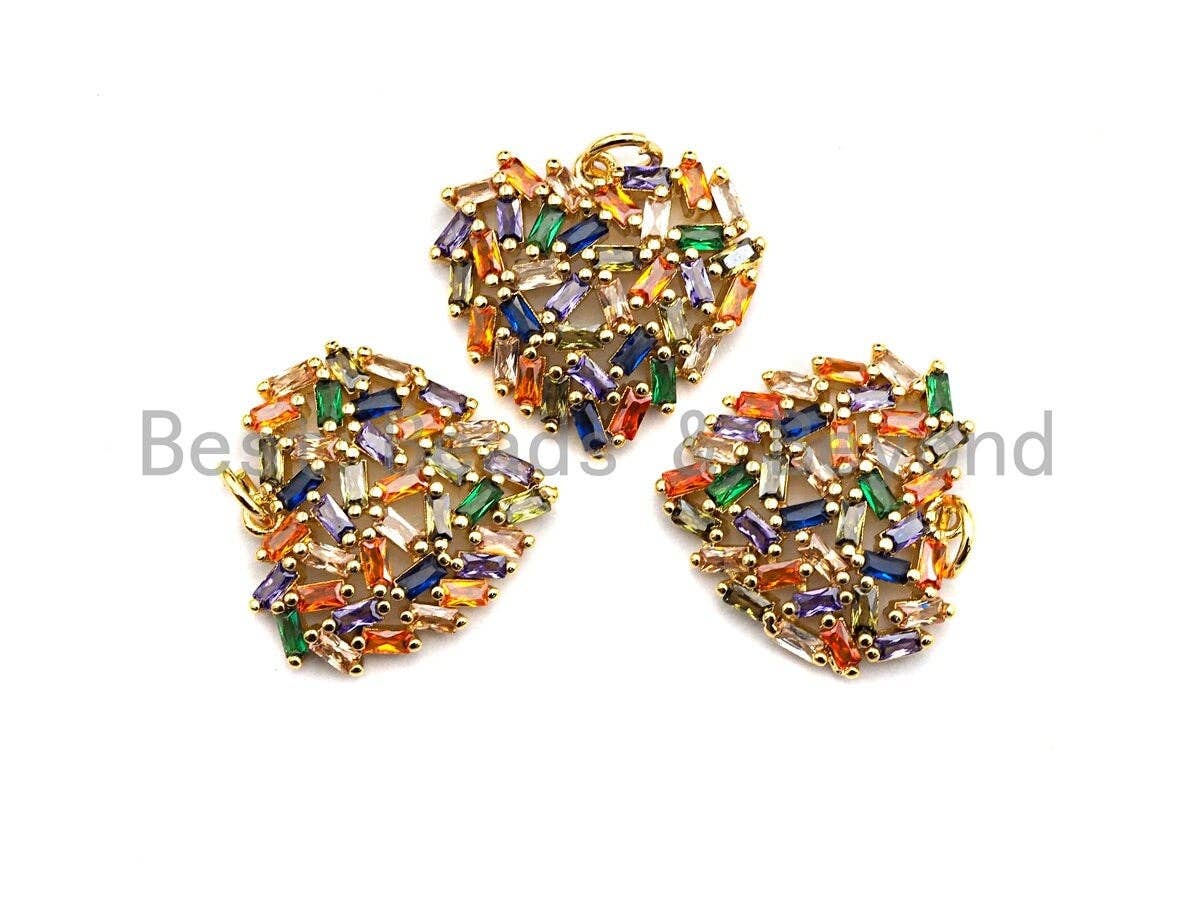 Colorful Baguette CZ heart-shaped pendant in gold finish, 21x19mm, for bracelet or necklace from Bestbeads&Beyond.