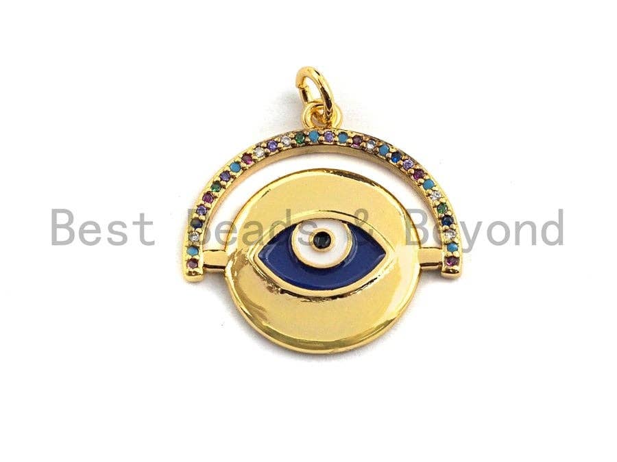 Colorful CZ micro pave round pendant with cobalt evil eye charm, gold-plated, 22x22mm, coin-shaped jewelry piece.