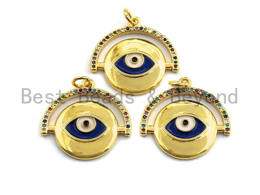 Colorful CZ micro pave round pendant with cobalt evil eye charm, gold-plated coin-shaped jewelry, 22x22mm, from Bestbeads&Beyond.