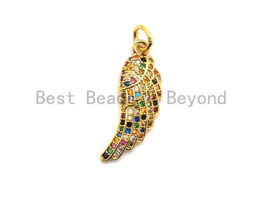 Gold plated CZ colorful micro pave angel wing pendant, 8x23mm, angel wing-shaped charm for necklaces or bracelets.