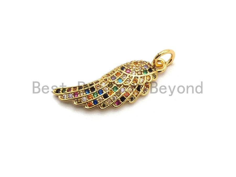 Colorful micro pave angel wing pendant in gold plating, 8x23mm, featuring intricate angel wing design, by Bestbeads&Beyond.