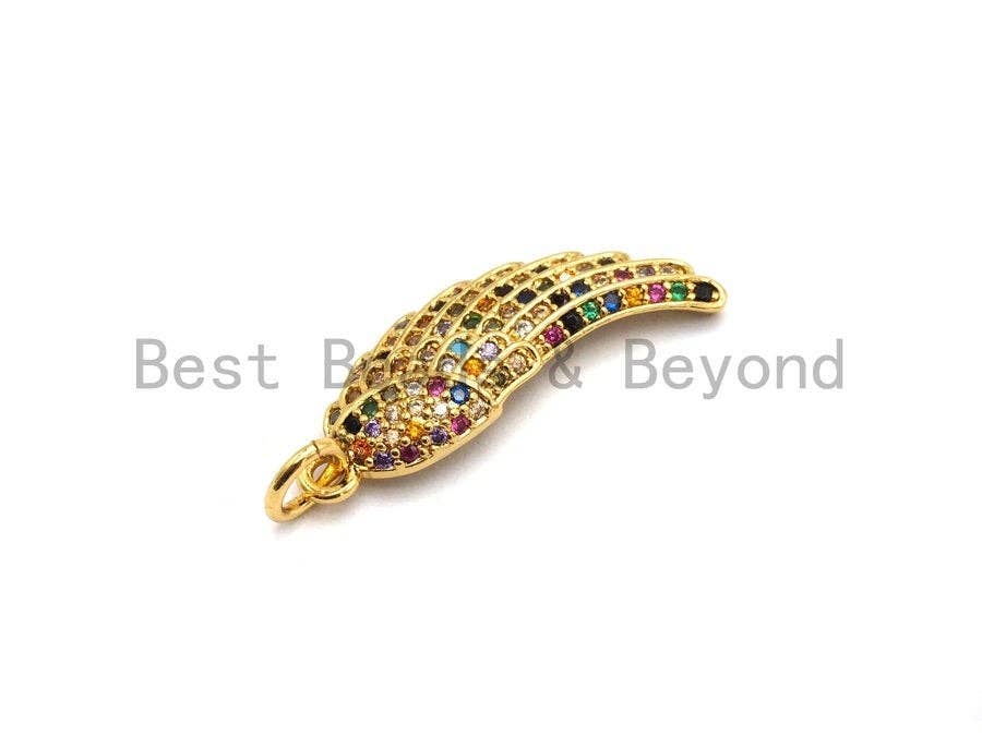Colorful micro pave angel wing pendant in gold plating, 8x23mm, featuring intricate angel wing design and sparkling CZ stones.