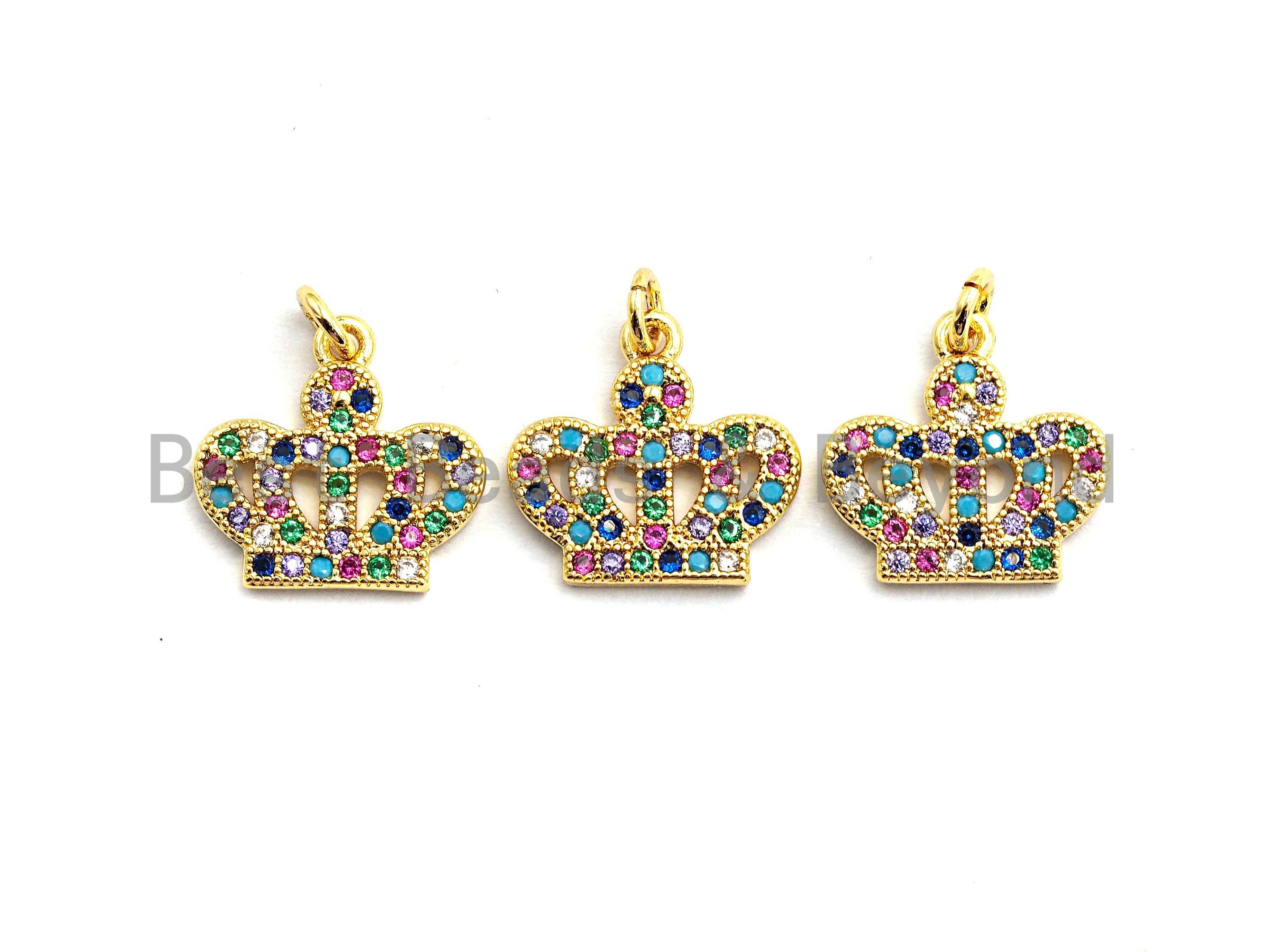 Colorful micro pave crown pendant from Bestbeads&Beyond, gold-plated crown-shaped charm, 15x13mm, vibrant gemstone accents.