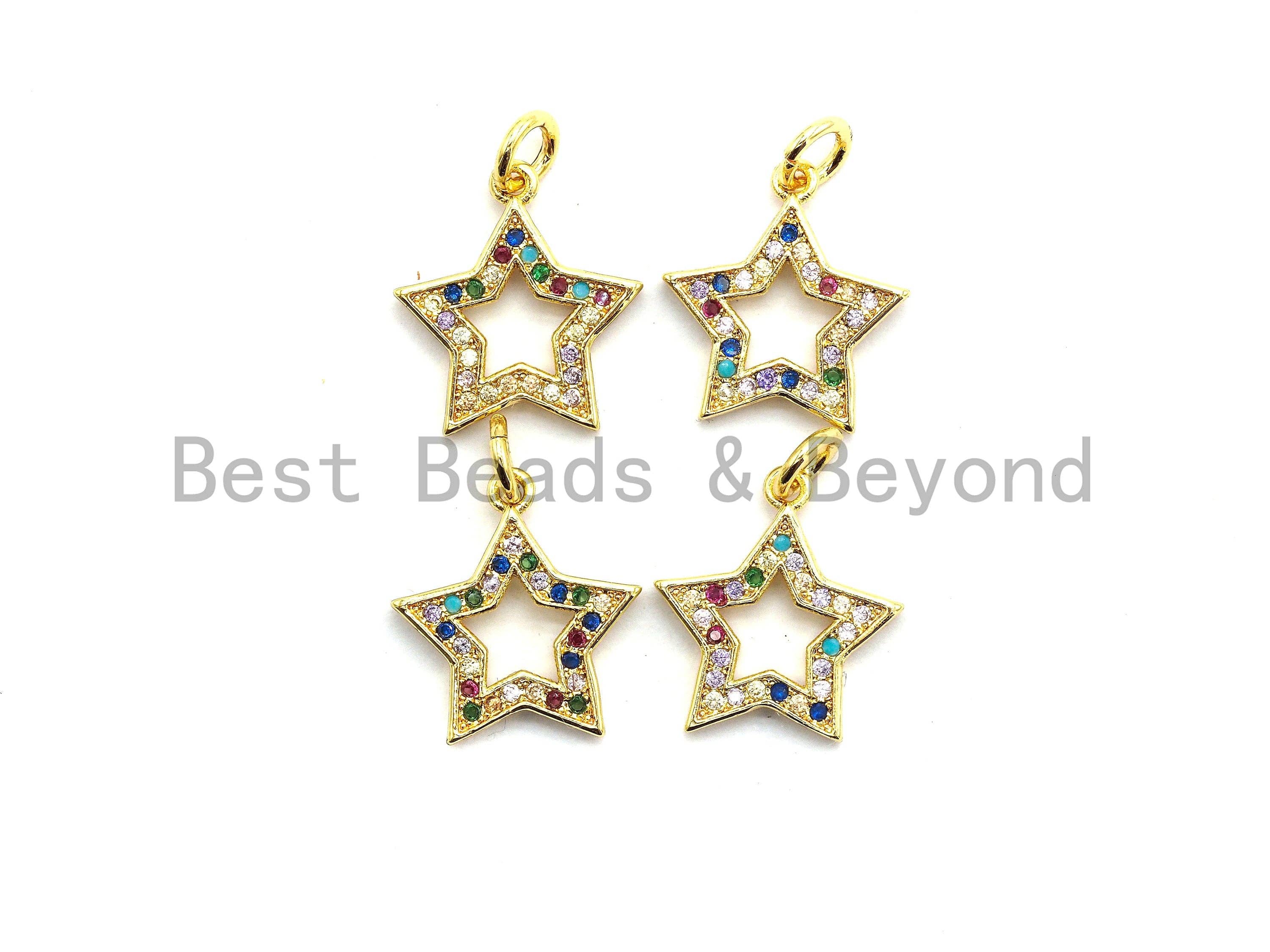 Colorful micro pave five-point star pendant in gold plating, 14x15mm, featuring vibrant CZ stones, from Bestbeads&Beyond.