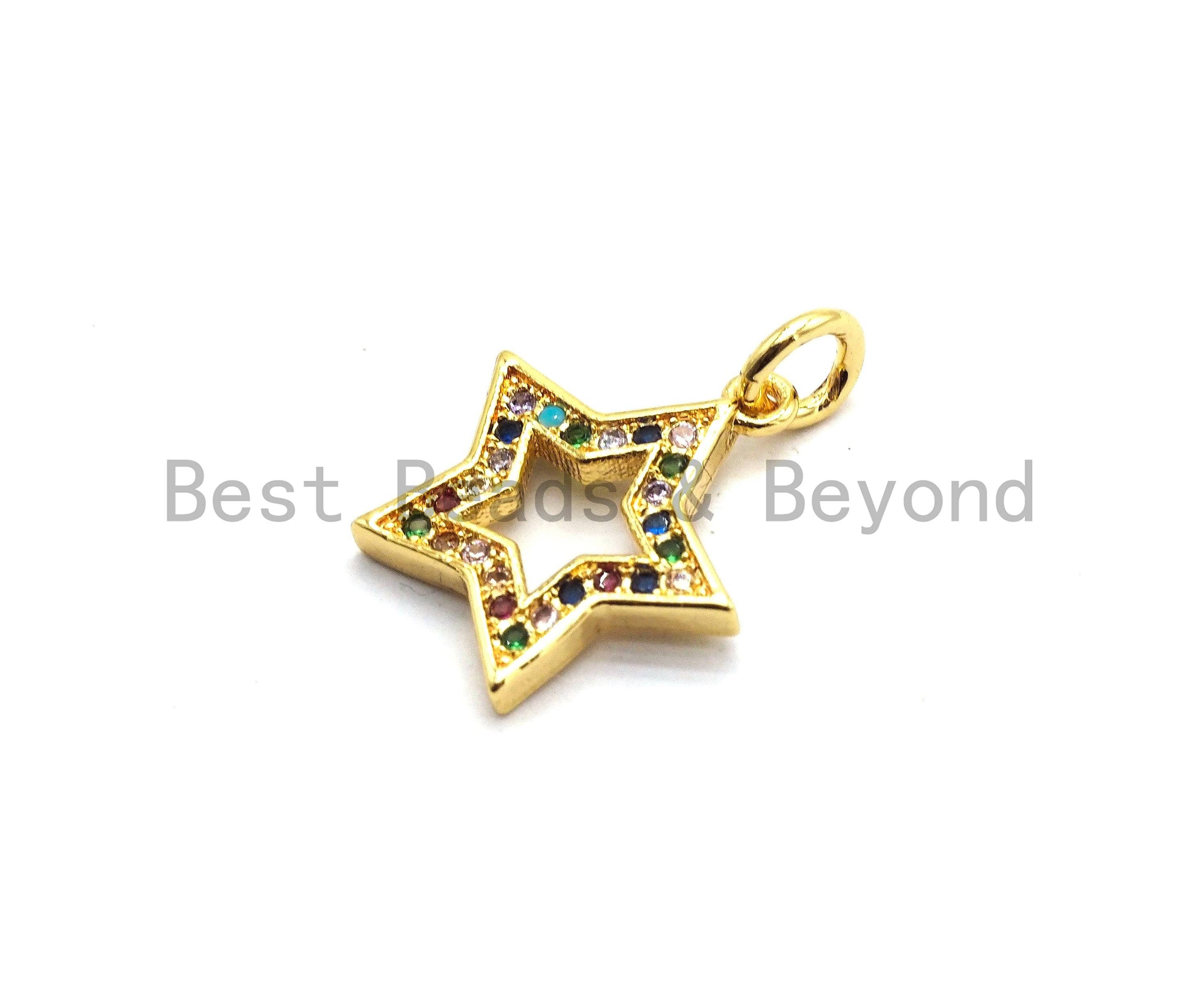 Colorful micro pave five-point star pendant in gold plating, 14x15mm, featuring vibrant CZ stones, from Bestbeads&Beyond.