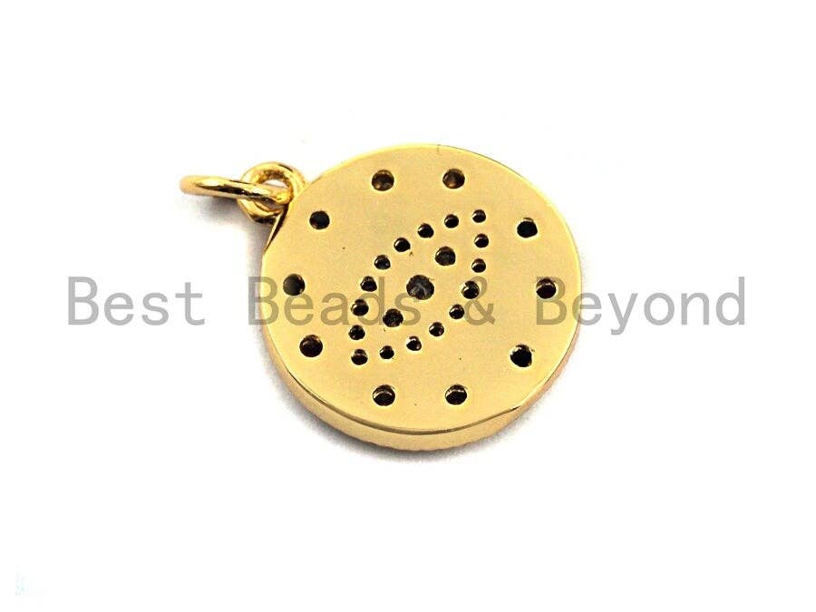 Colorful micro pave round gold evil eye pendant, coin-shaped charm, 15x17mm, gold plated, from Bestbeads & Beyond.