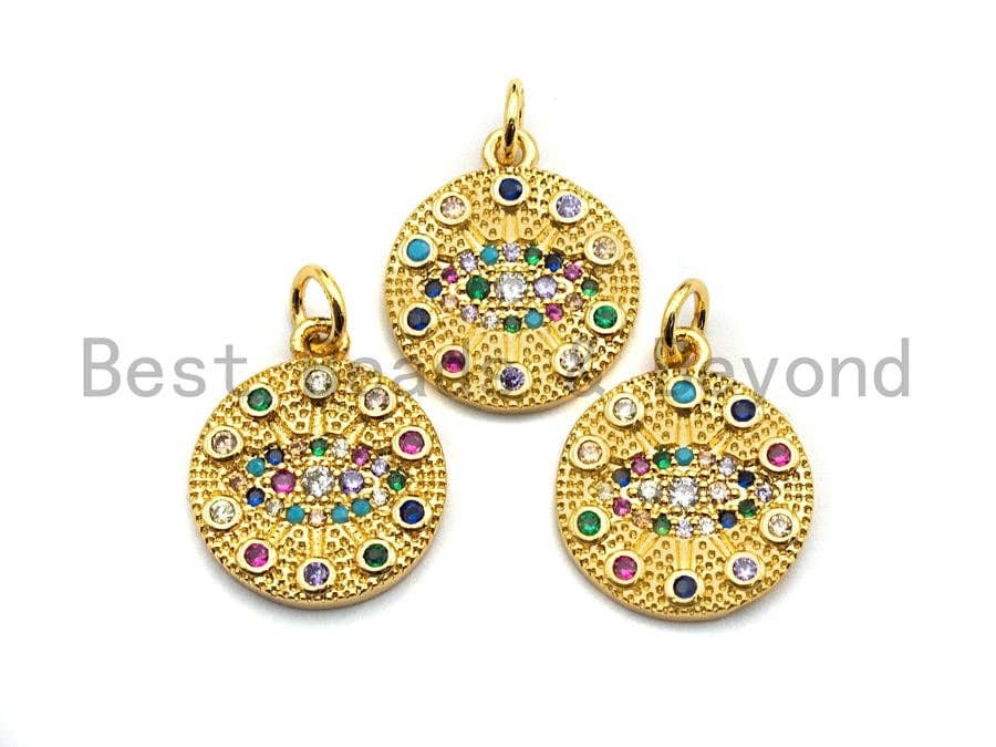 Gold-plated CZ colorful micro pave evil eye pendant, coin-shaped charm, 15x17mm, from Bestbeads&Beyond.