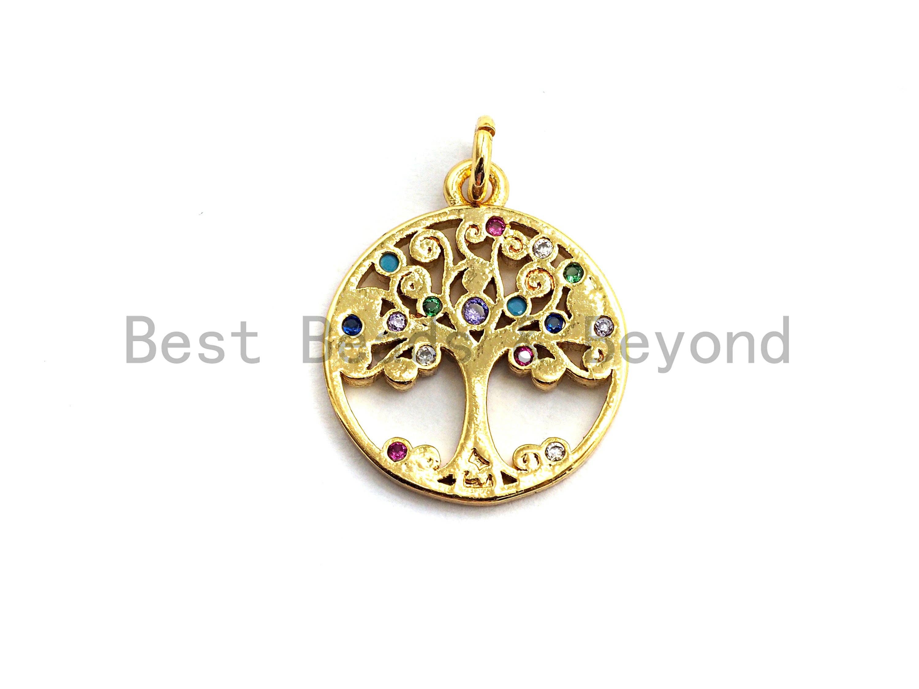 Gold-plated CZ colorful micro pave round pendant with tree design, 14x16mm charm for jewelry making.