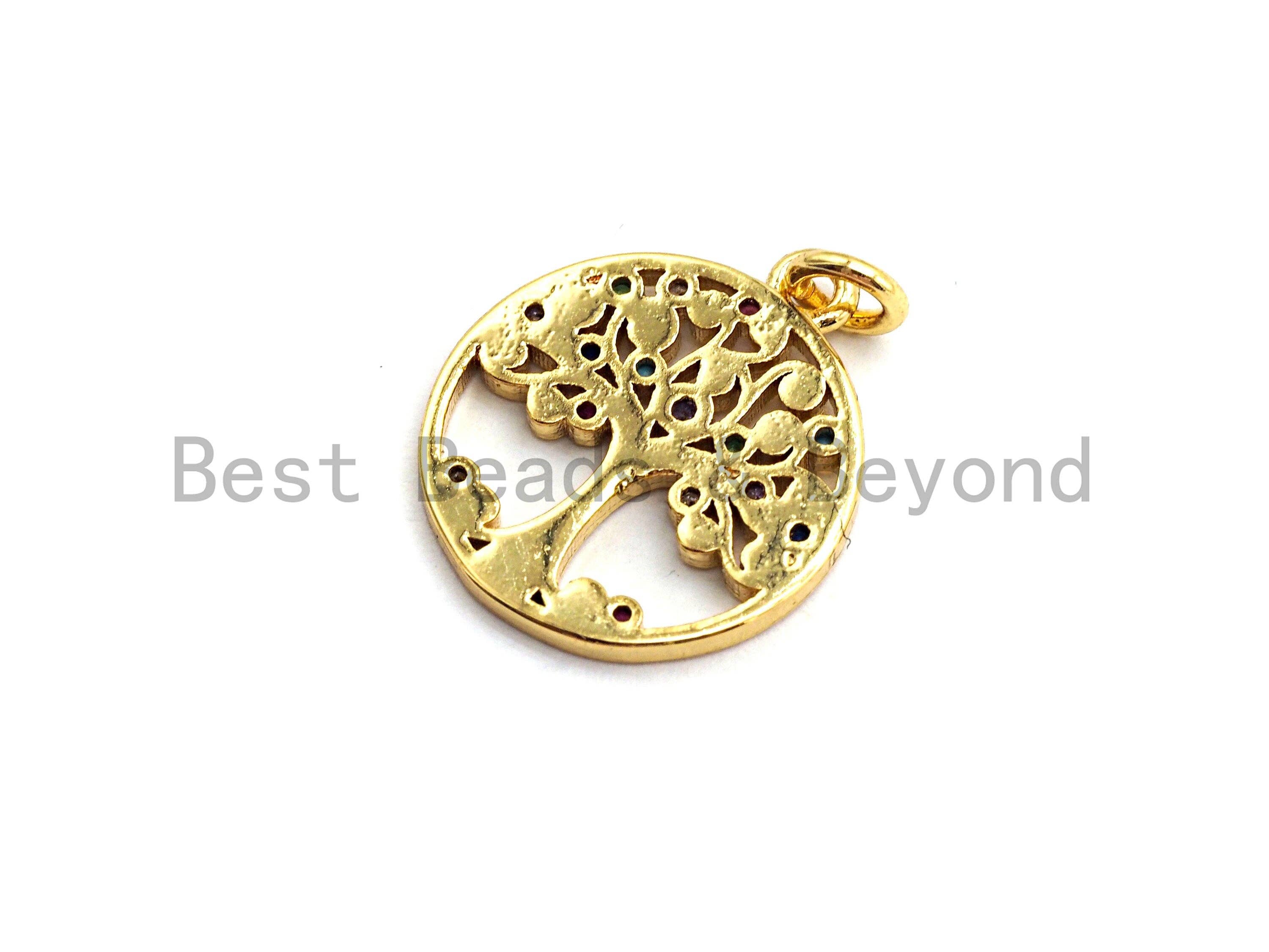 Colorful micro pave round pendant with tree design, gold-plated charm measuring 14x16mm, ideal for jewelry making.