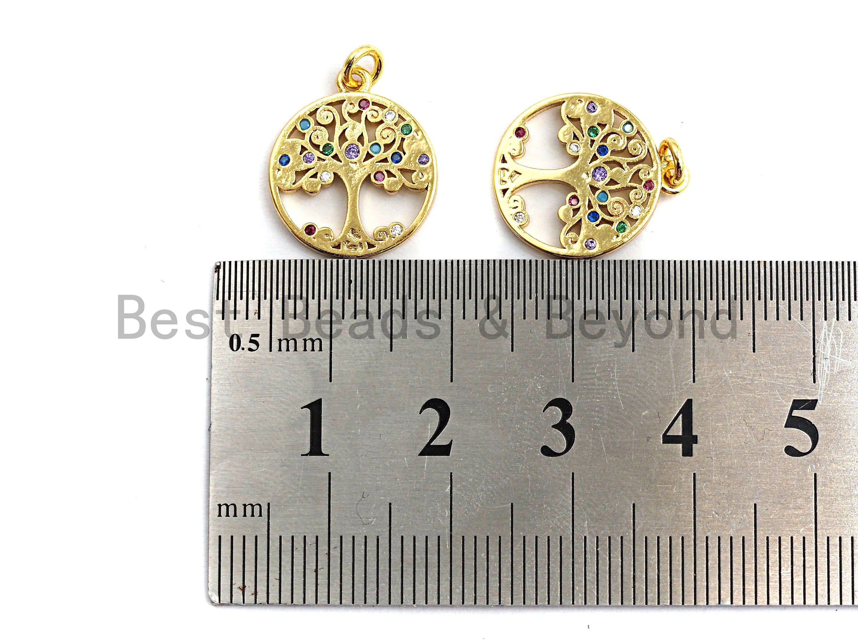 Colorful micro pave round tree pendant charm in gold plating, 14x16mm, from Bestbeads&Beyond, featuring vibrant pave stones.