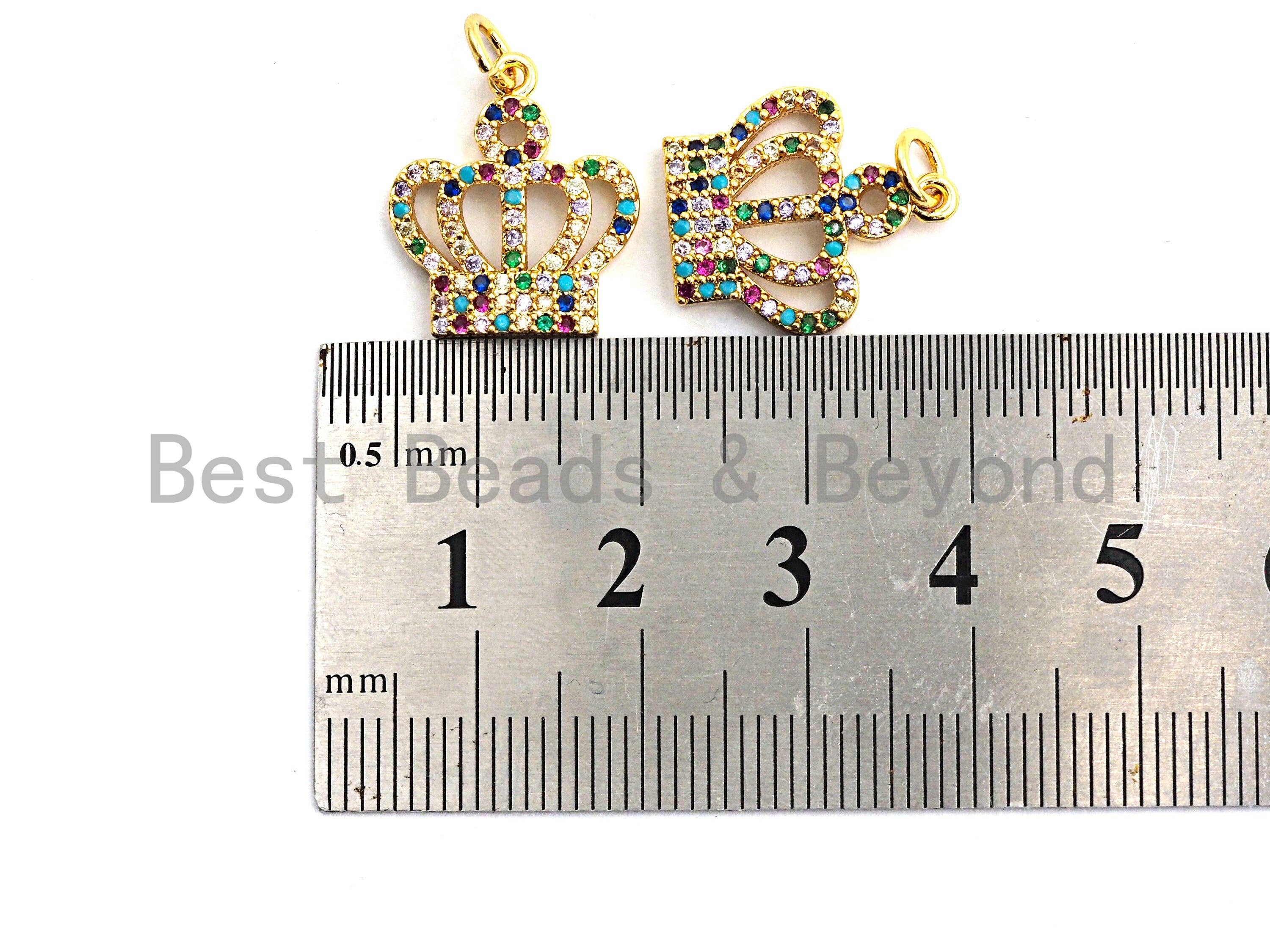 Colorful micro pave royal crown charm pendant in gold plating, crown-shaped with intricate detailing, 17x15mm.