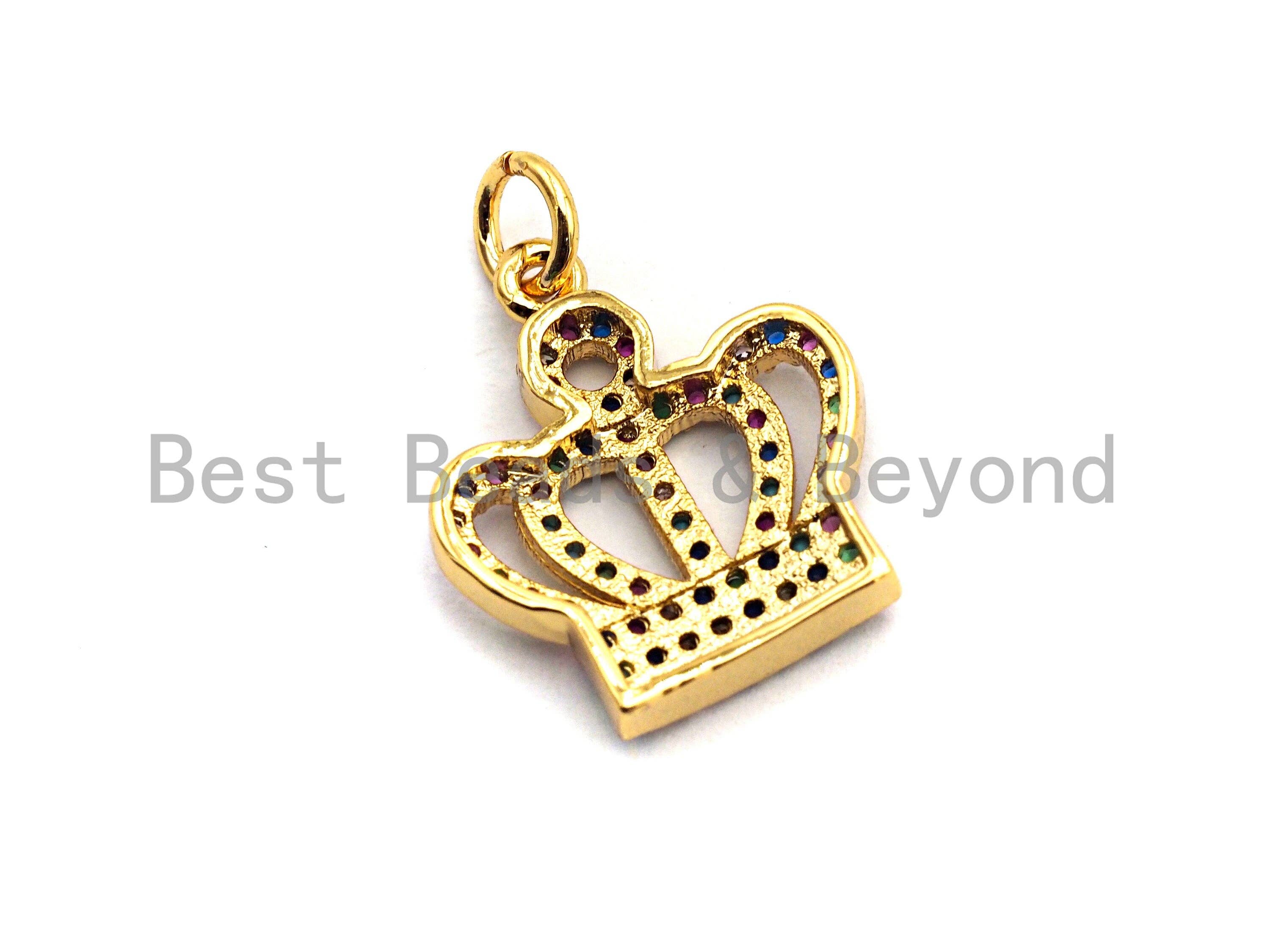 Colorful micro pave CZ crown charm pendant, gold plated, crown-shaped jewelry piece, 17x15mm, from Bestbeads & Beyond.
