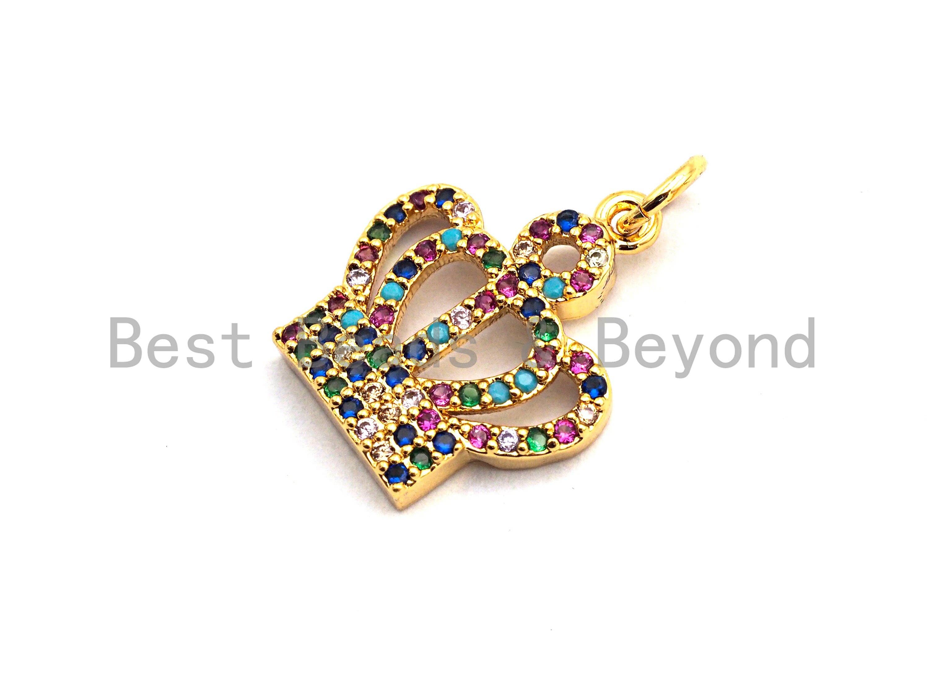 Colorful CZ micro pave royal crown charm pendant, gold plated, crown-shaped, 17x15mm, ideal for jewelry making.