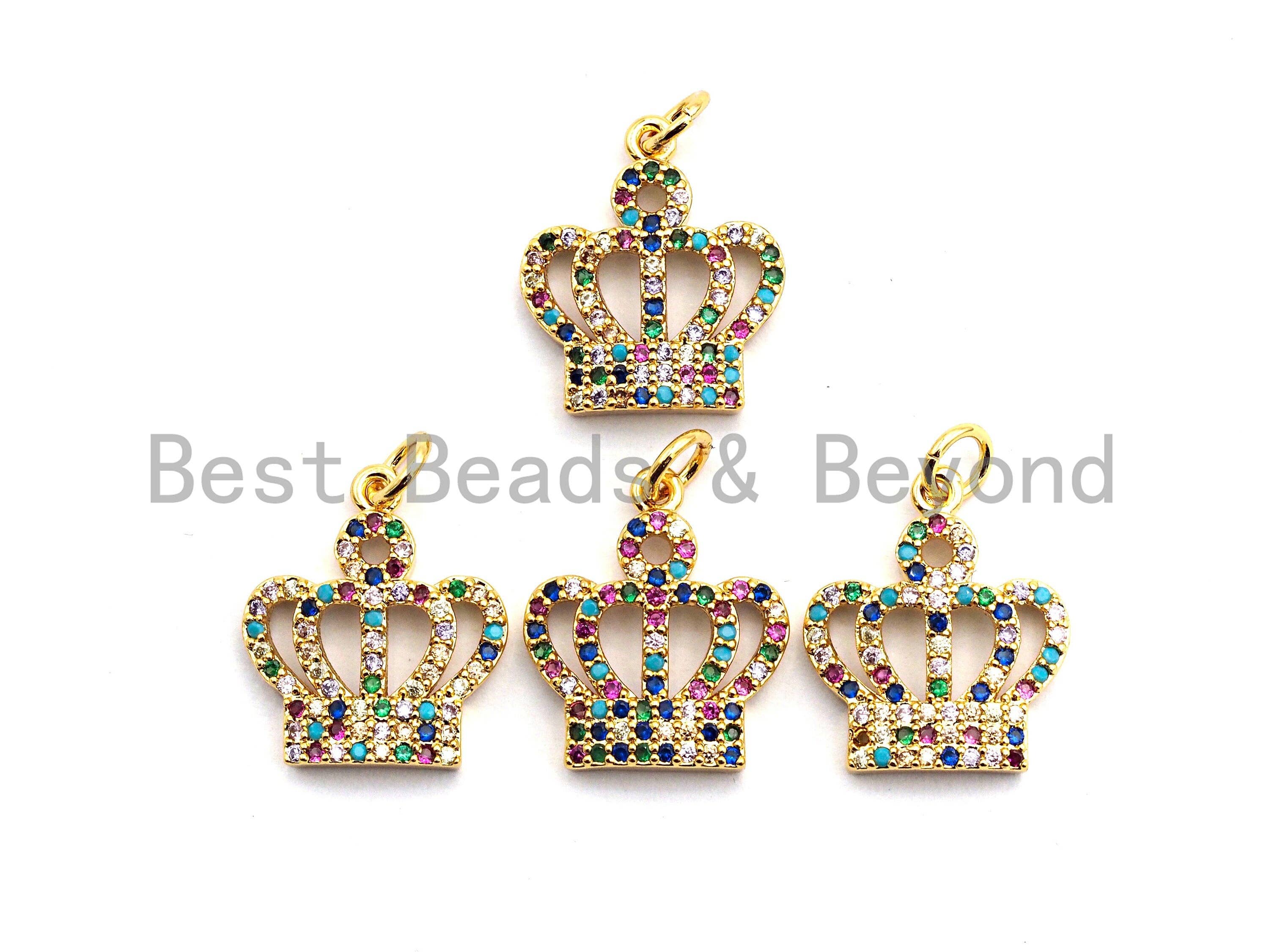 Colorful CZ micro pave royal crown charm pendant, gold plated, crown-shaped, 17x15mm, ideal for jewelry making.
