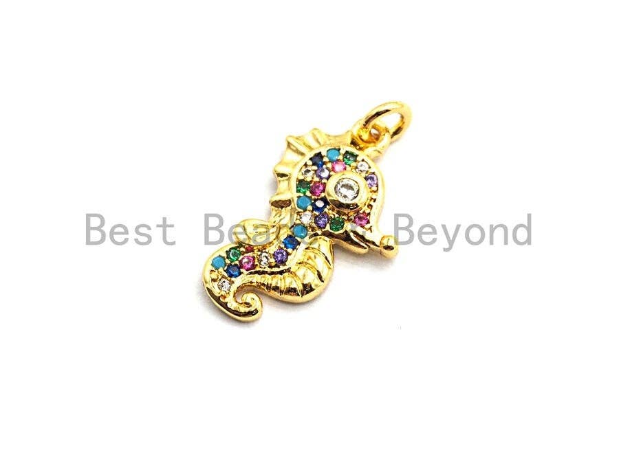 Colorful micro pave sea horse pendant in gold plating, 12x19mm, featuring vibrant CZ stones, perfect as a charm or necklace pendant.