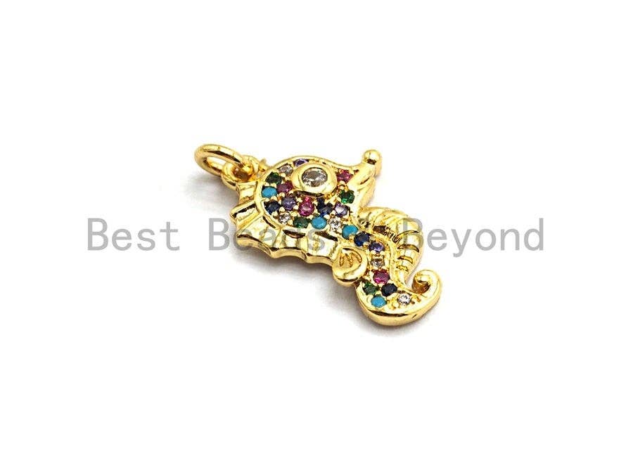 Gold-plated seahorse pendant with colorful micro pave stones, 12x19mm, featuring a detailed seahorse shape and vibrant gemstone accents.