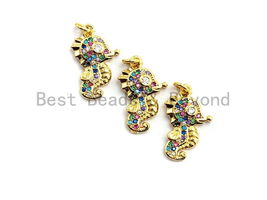 Colorful micro pave sea horse pendant in gold plating, 12x19mm, featuring vibrant CZ stones, ideal as a jewelry charm or pendant.