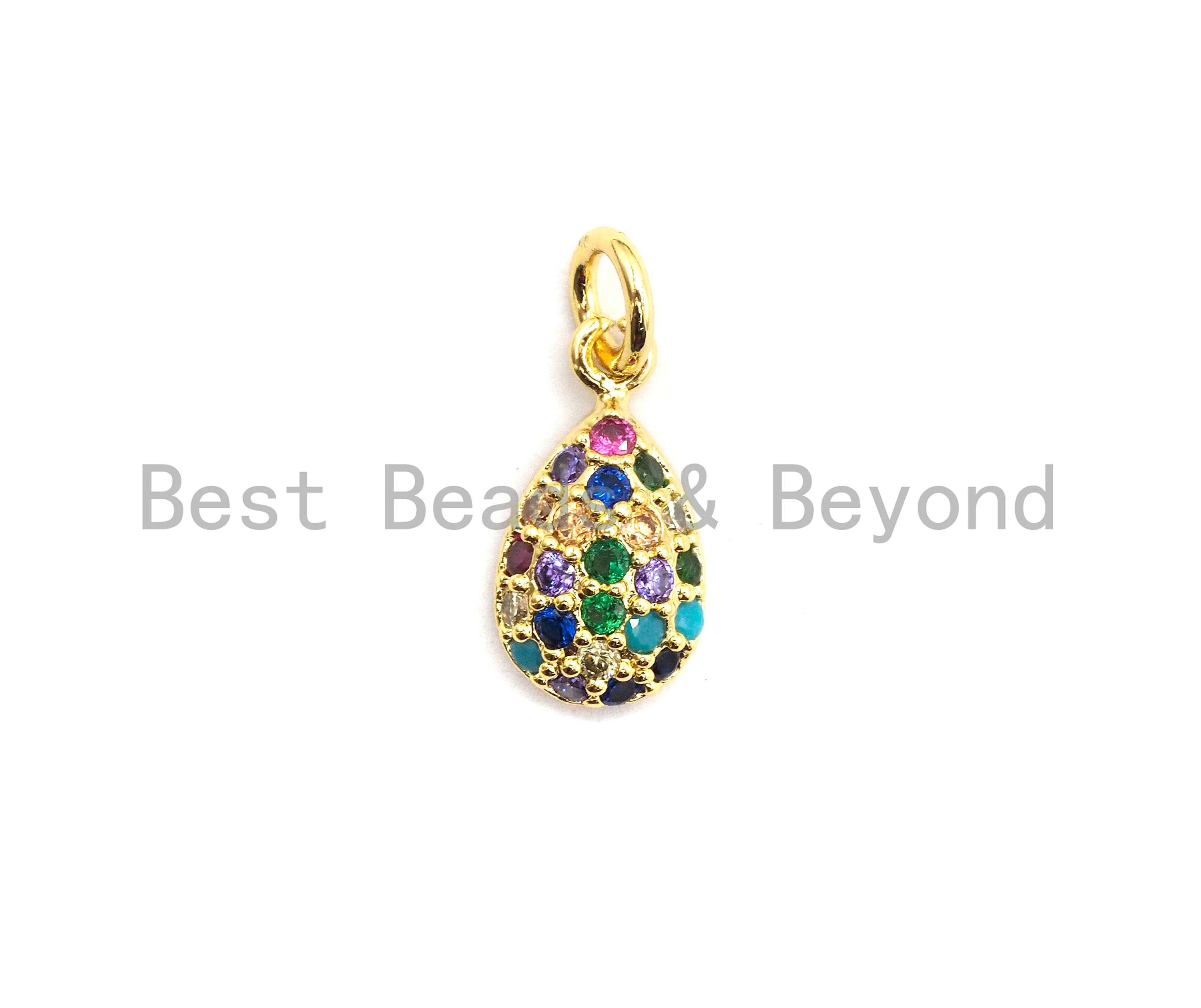 Gold-plated CZ colorful micro pave teardrop pendant, 7x13mm, teardrop-shaped charm for jewelry making.