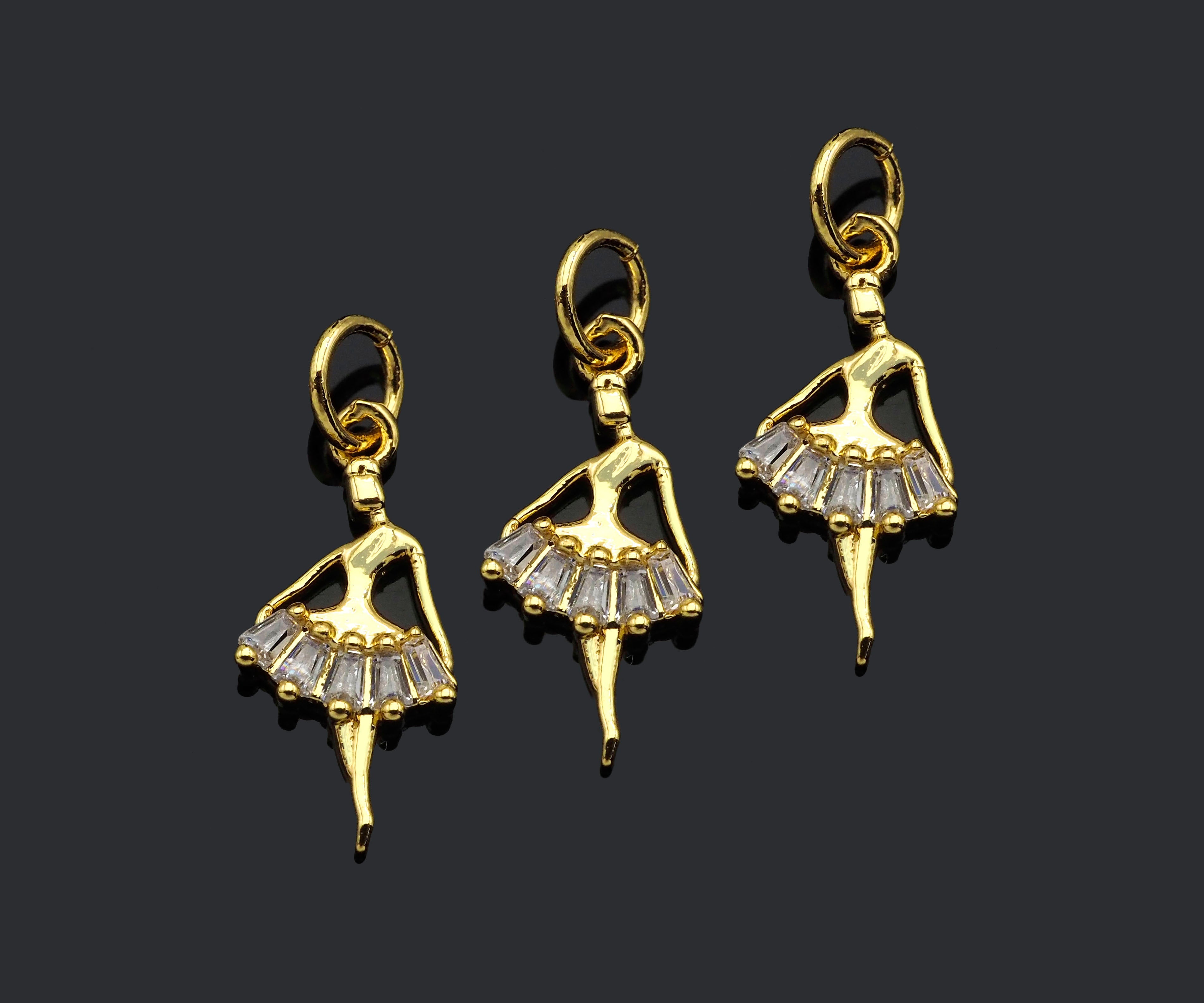 Gold ballet dancer shape pendant with CZ micro pave, 18K dainty dancing girl charm for necklace or bracelet, 8x16mm.