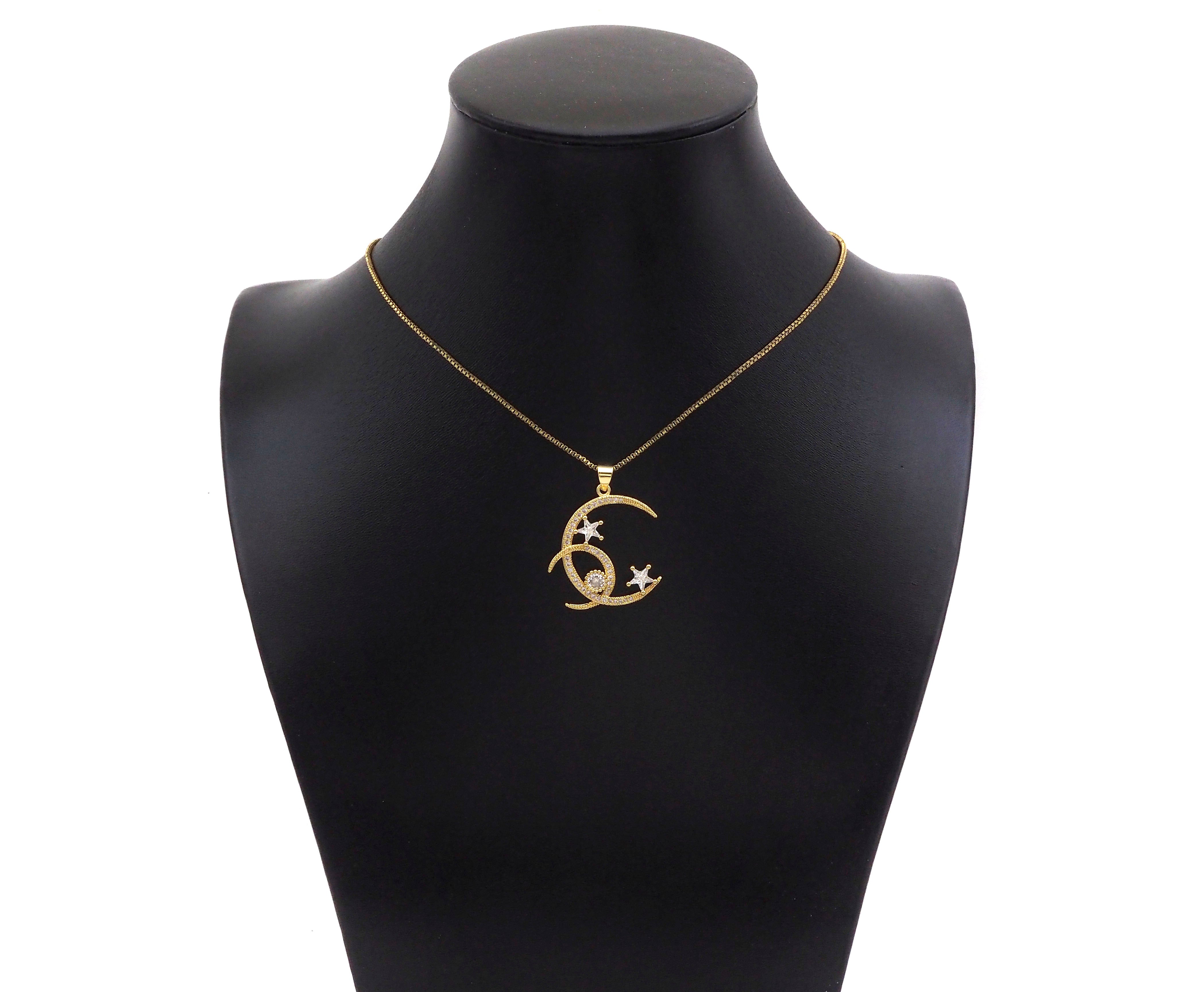 Gold CZ micro pave double crescent moon with star charm pendant, 26x28mm, suitable for necklace or bracelet from Bestbeads&Beyond.