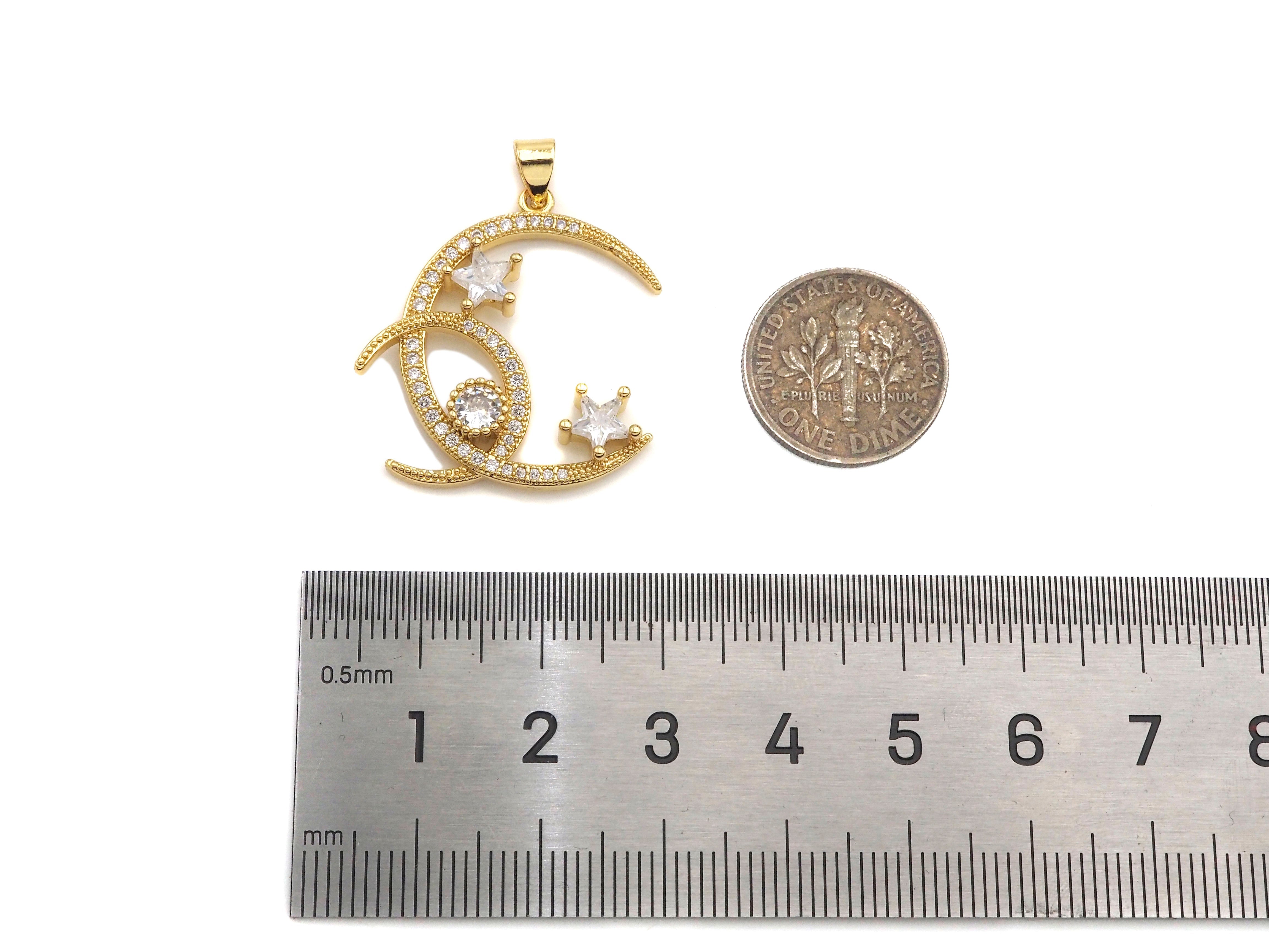 Gold CZ micro pave crescent moon pendant with star shape, 26x28mm, perfect as a necklace or bracelet charm.
