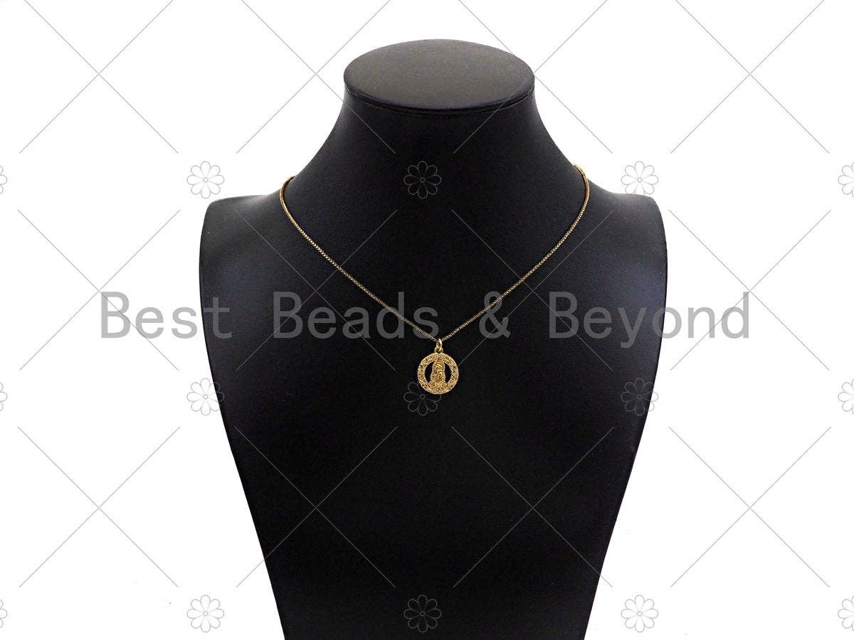 Gold filled Virgin Mary pendant with CZ micro pave on garland shape, 15x18mm, ideal for necklace or bracelet jewelry.