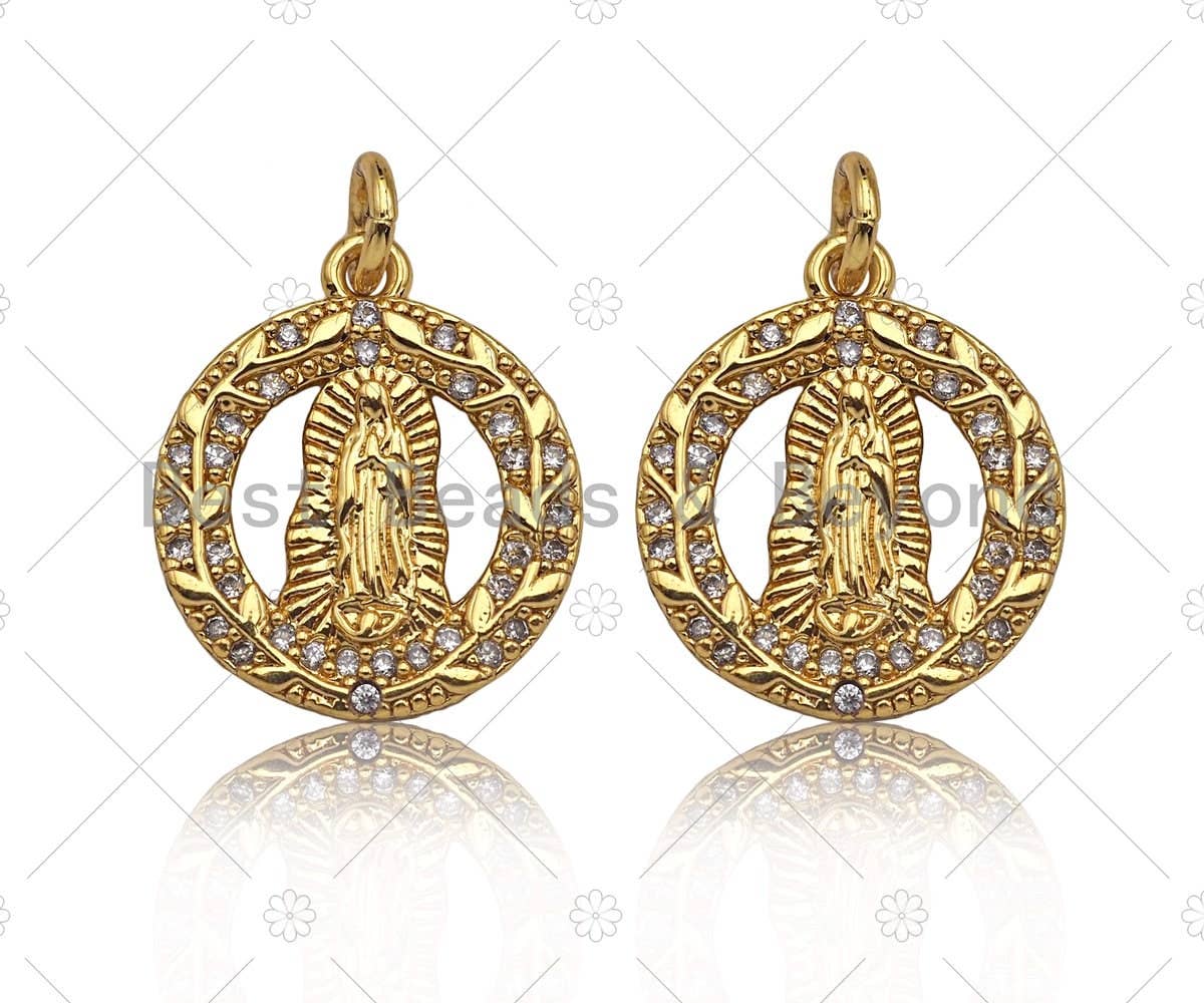 Gold filled Virgin Mary pendant with CZ micro pave on garland shape, 18K gold charm for necklace or bracelet, 15x18mm.