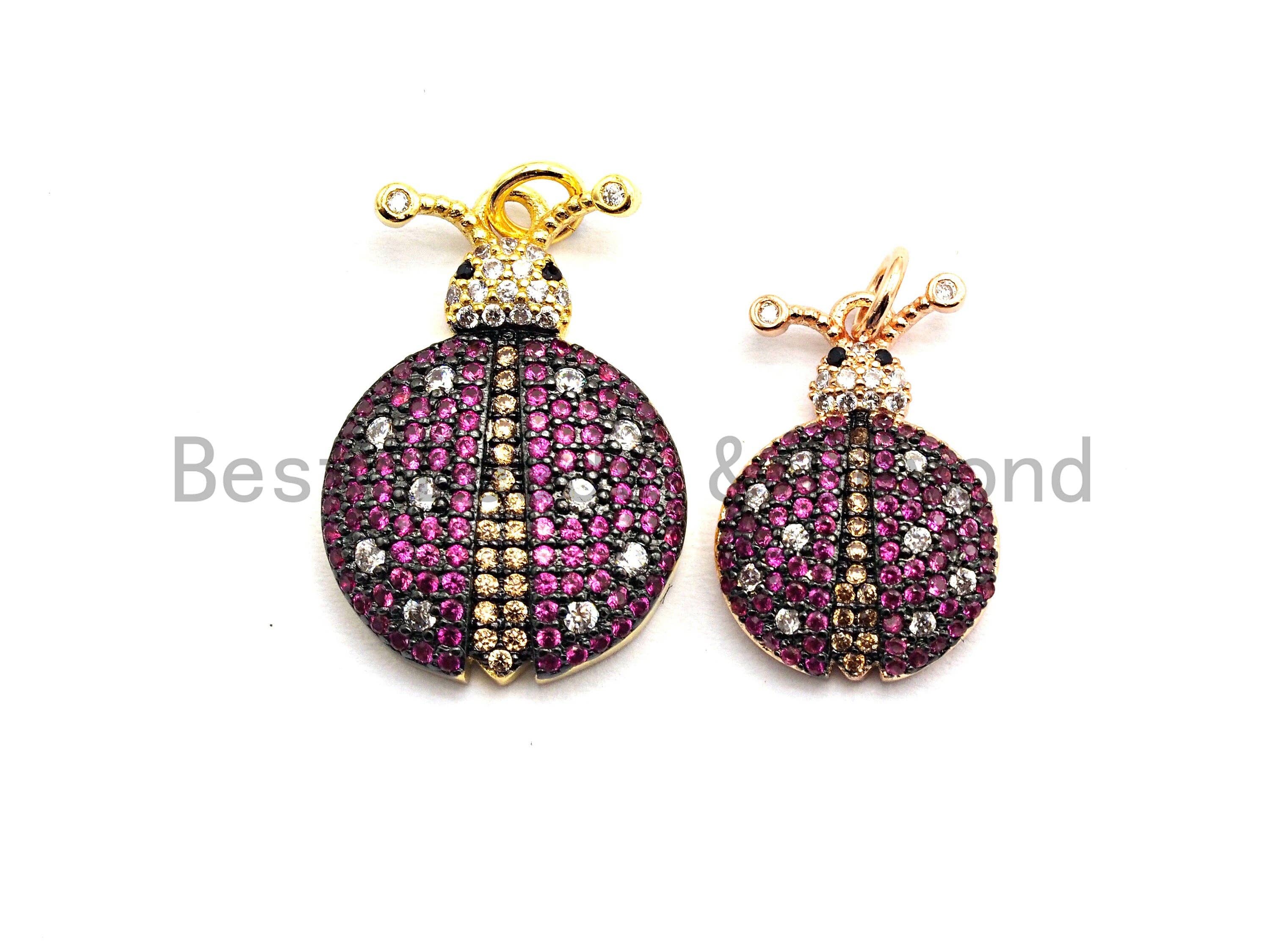 Fuchsia CZ Ladybird pendant, 19mm micro pave charm in gold, silver, rose gold, or gunmetal plating, from Bestbeads&Beyond.