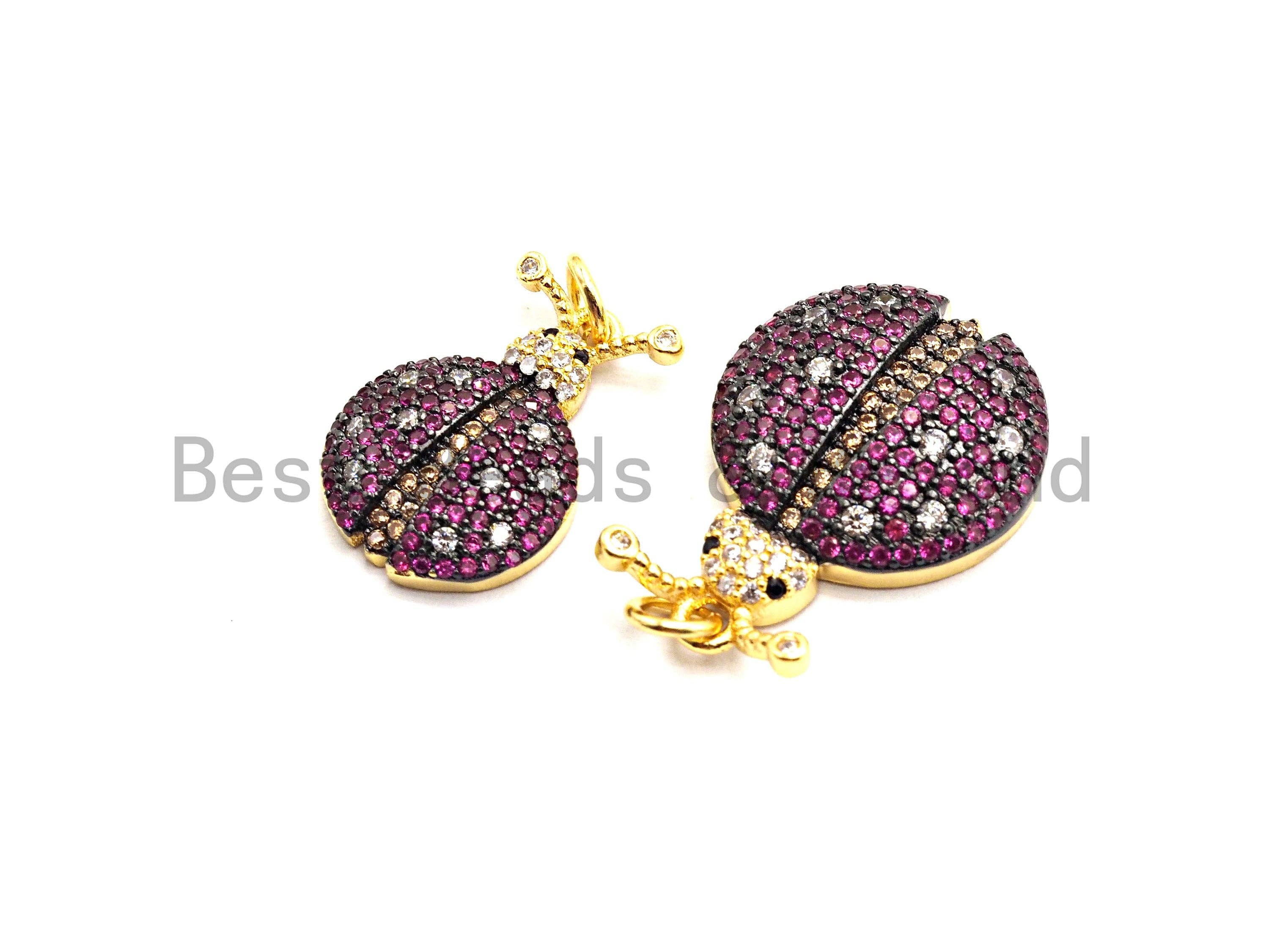 Fuchsia CZ Ladybird pendant charm in gold, silver, rose gold, or gunmetal plating, 19mm micro pave design, from Bestbeads&Beyond.