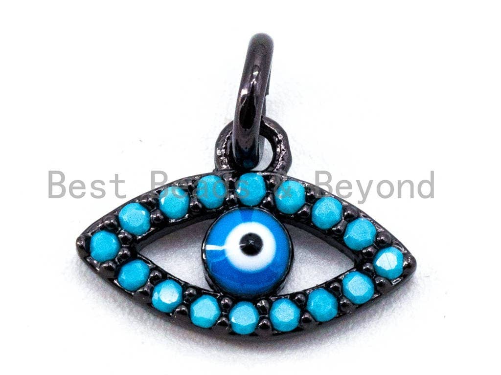 Gold CZ Micro Pave Blue Evil Eyes Pendant with Turquoise Cubic Zirconia, 8x12mm, for necklace or bracelet, by Bestbeads&Beyond.