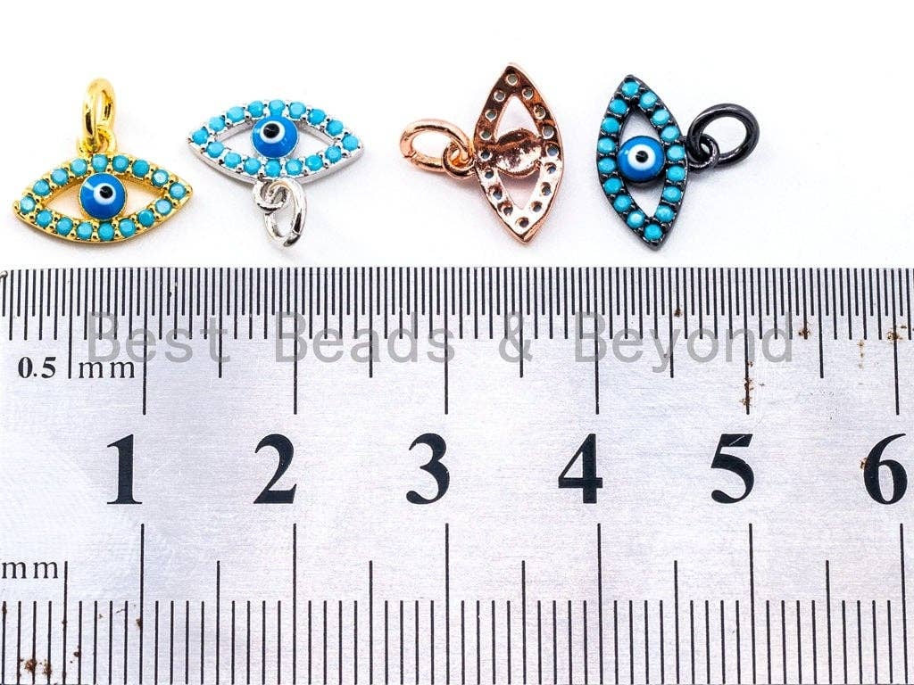 Gold CZ Micro Pave Blue Evil Eyes Pendant with turquoise cubic zirconia, 8x12mm charm for necklace or bracelet.