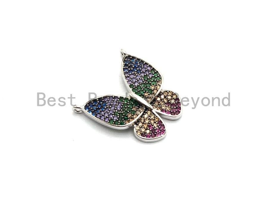 Colorful CZ micro pave butterfly pendant in gold, rose gold, silver, or gunmetal plating, 19x20mm charm for necklaces.