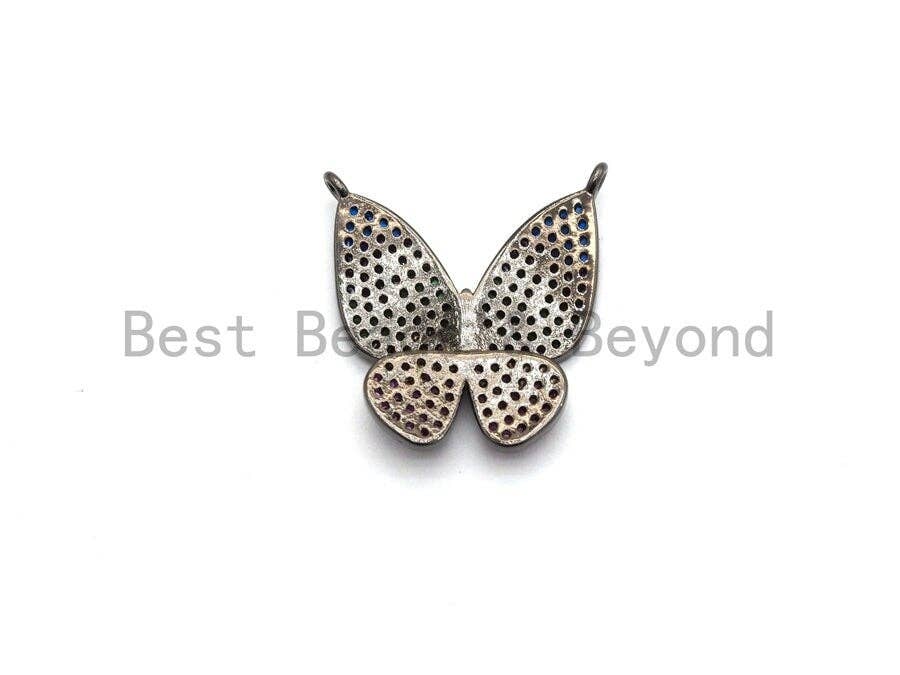 Colorful CZ micro pave butterfly pendant for necklace, gold, rose gold, silver, or gunmetal plated, 19x20mm, Bestbeads & Beyond.
