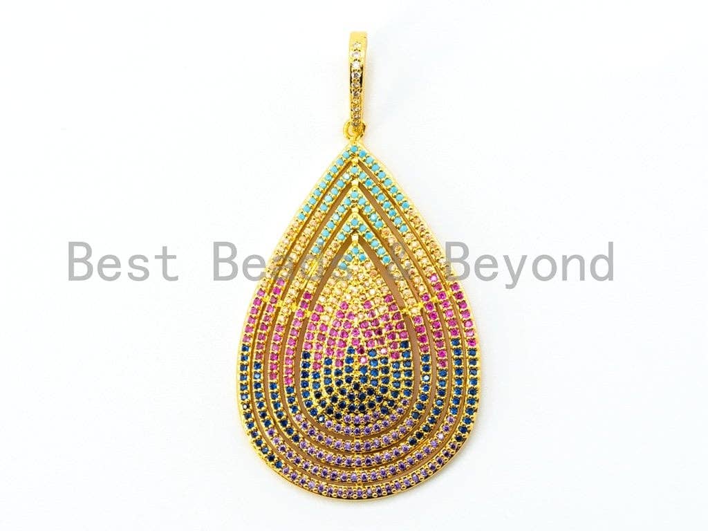 CZ Micro Pave Mixed Color Teardrop Pendant in gold, silver, or rose gold finish, featuring cubic zirconia stones, 60x31mm.