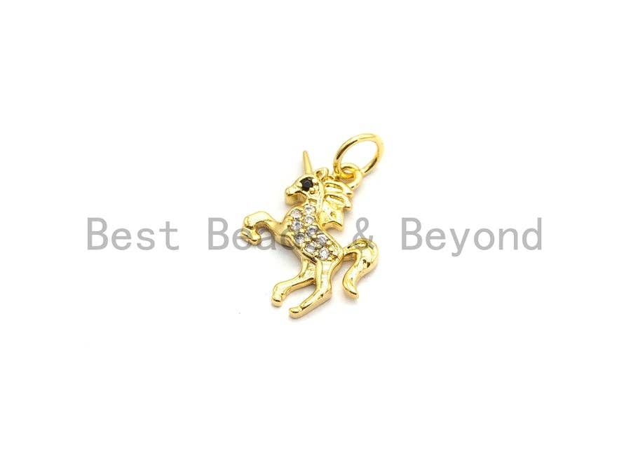Gold CZ unicorn pendant charm for necklace or bracelet, 12x14mm, cubic zirconia, kids jewelry charm by Bestbeads&Beyond.