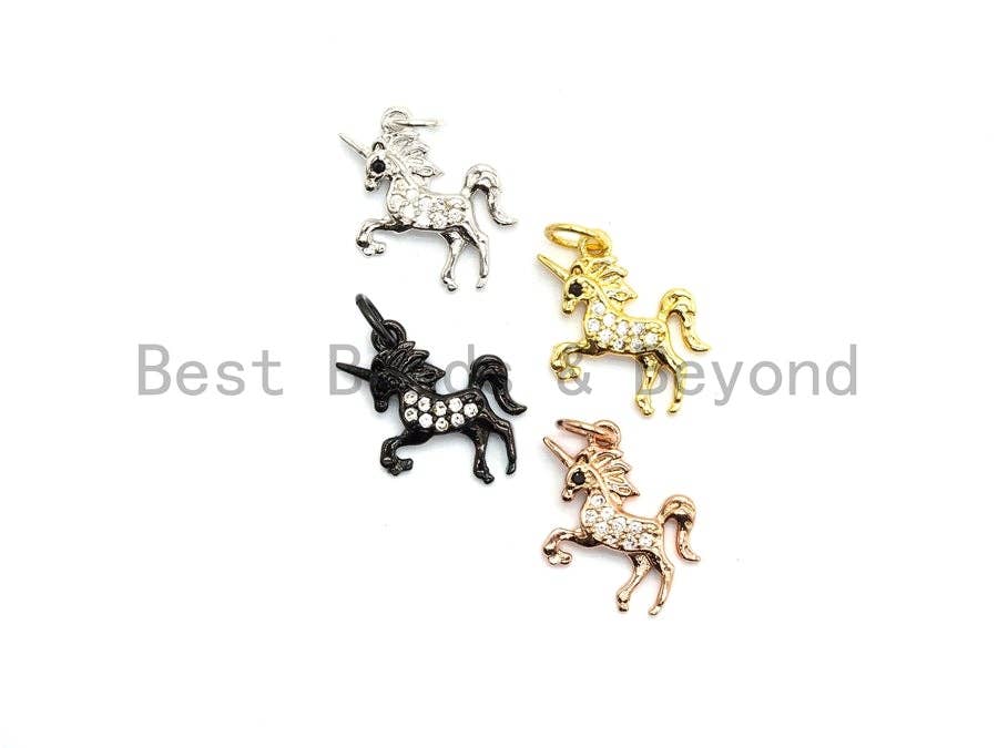 Gold CZ Micro Pave Unicorn Pendant Charm for necklace or bracelet, 12x14mm, ideal for kids jewelry and DIY jewelry making.