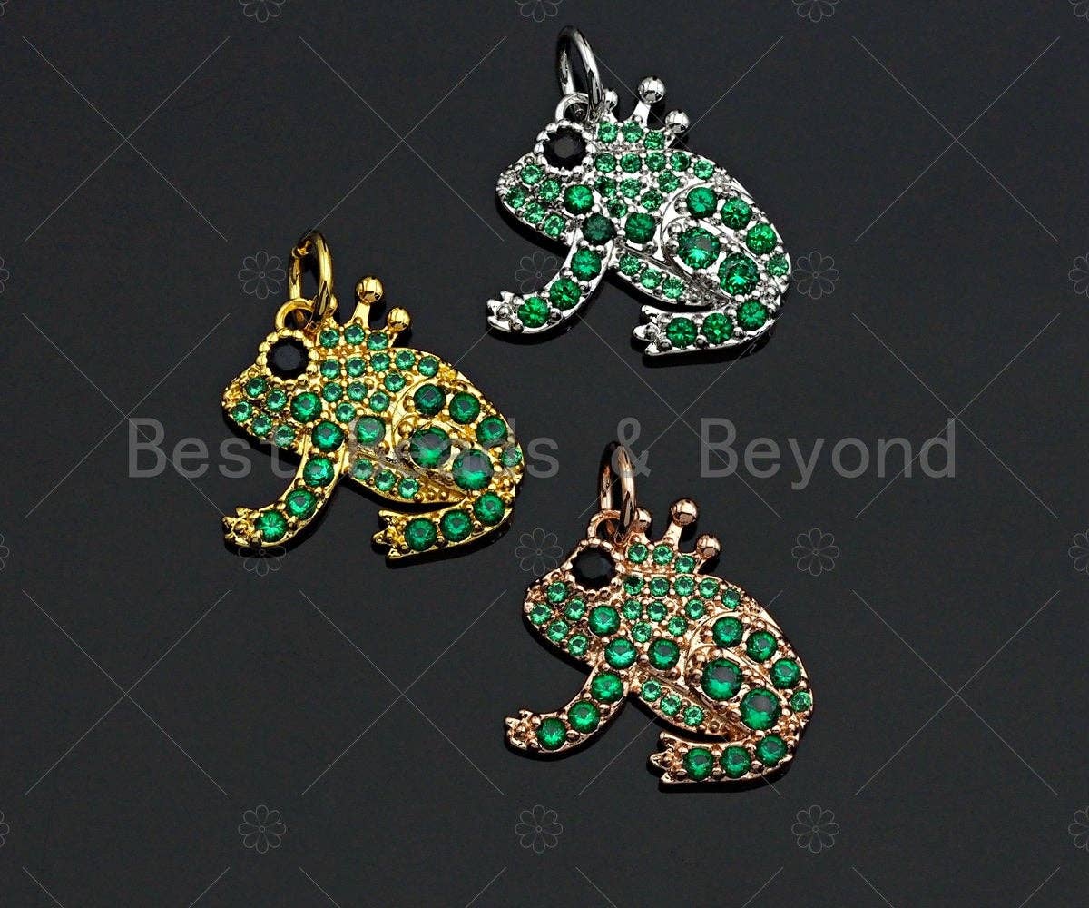 Green CZ Micro Pave Frog Pendant charm in silver, gold, or rose gold tone with cubic zirconia, 15mm, ideal for jewelry making.