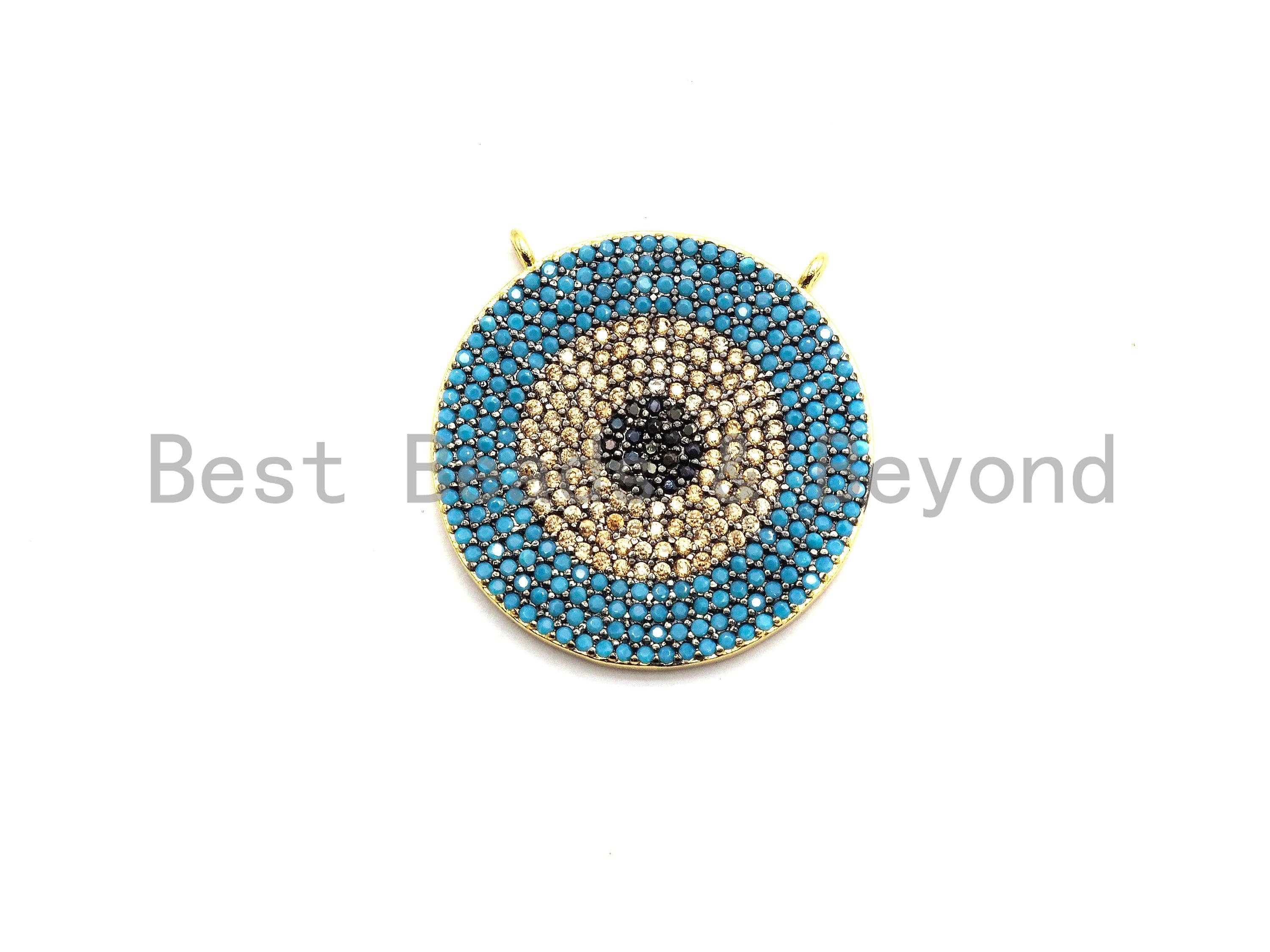 Colorful CZ Micro Pave Evil Eye round pendant in green, turquoise, cobalt, fuchsia, and violet, 25mm, by Bestbeads&Beyond.
