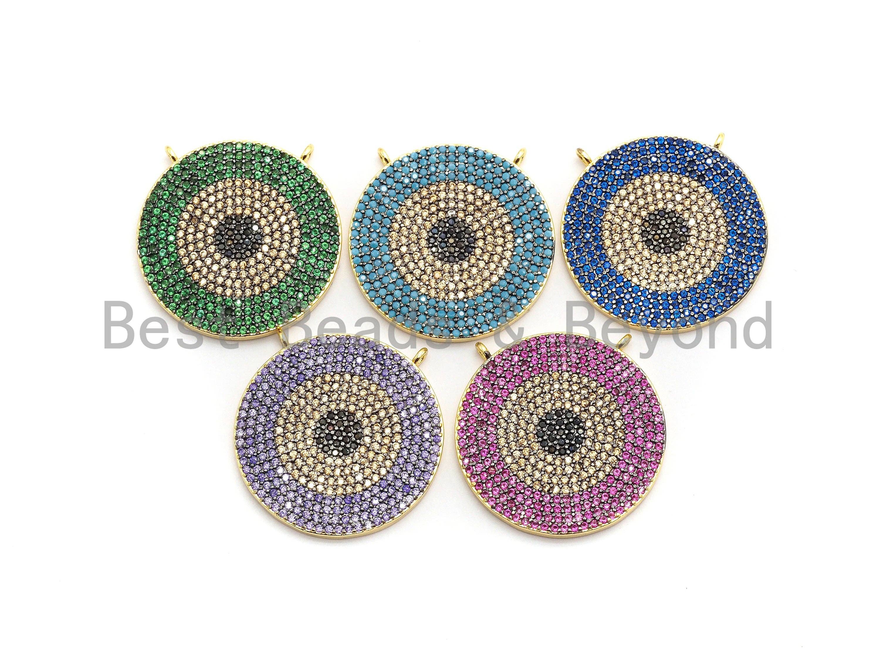 Colorful CZ Micro Pave Evil Eye Pendant in green, turquoise, cobalt, fuchsia, and violet with a 25mm round charm.